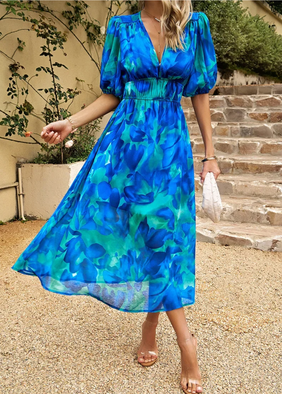 2024 Elegant High Quality Design summer Waist Cinching V-neck Print Elastic Waist Maxi  Dresses