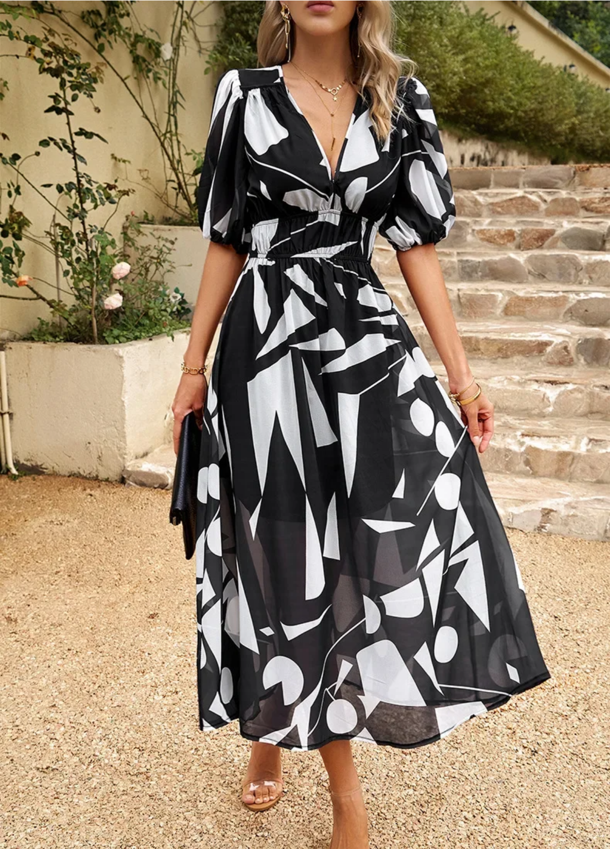 2024 Elegant High Quality Design summer Waist Cinching V-neck Print Elastic Waist Maxi  Dresses