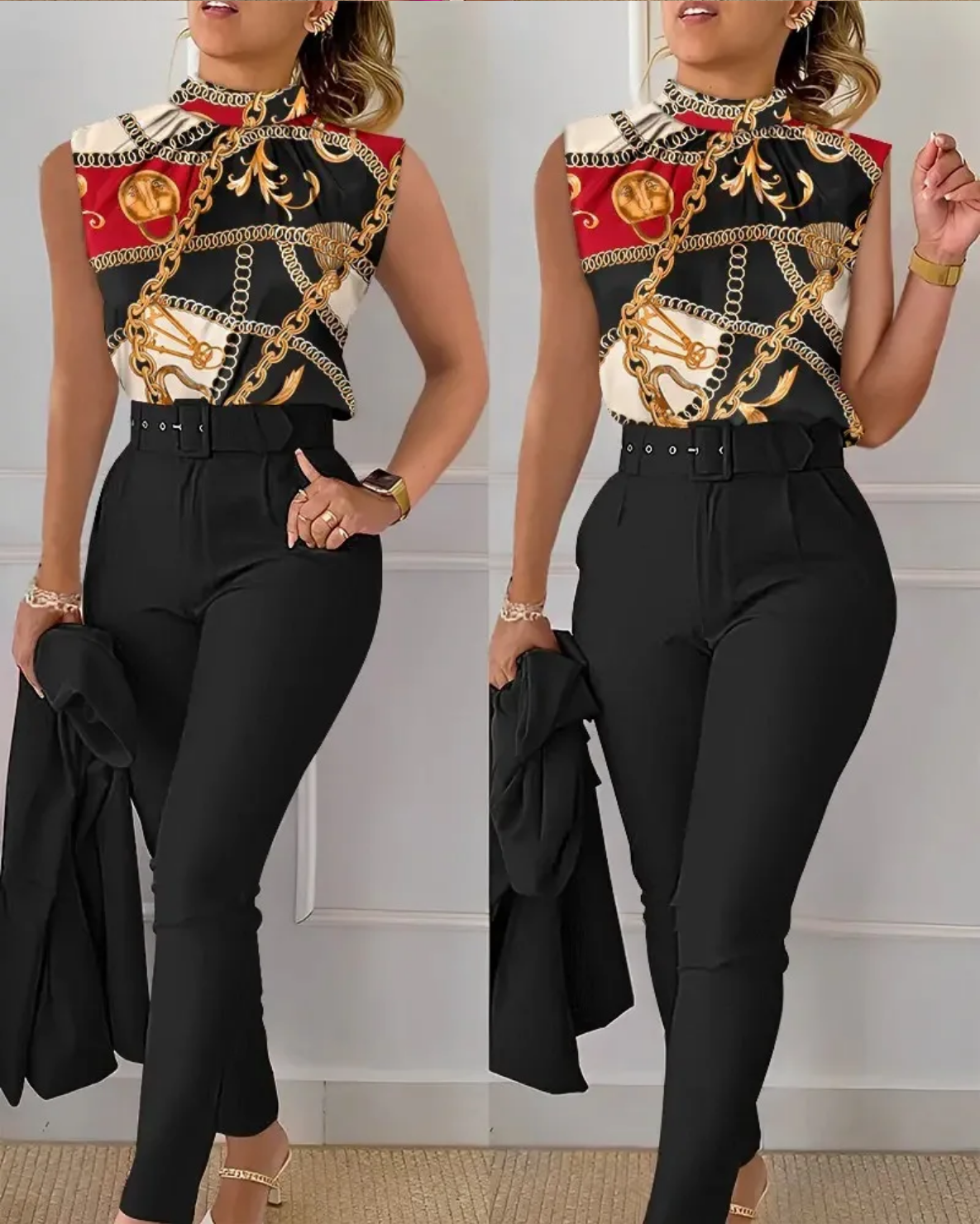 Fashion Printed Sleeveless Top  Pants Set With Belt