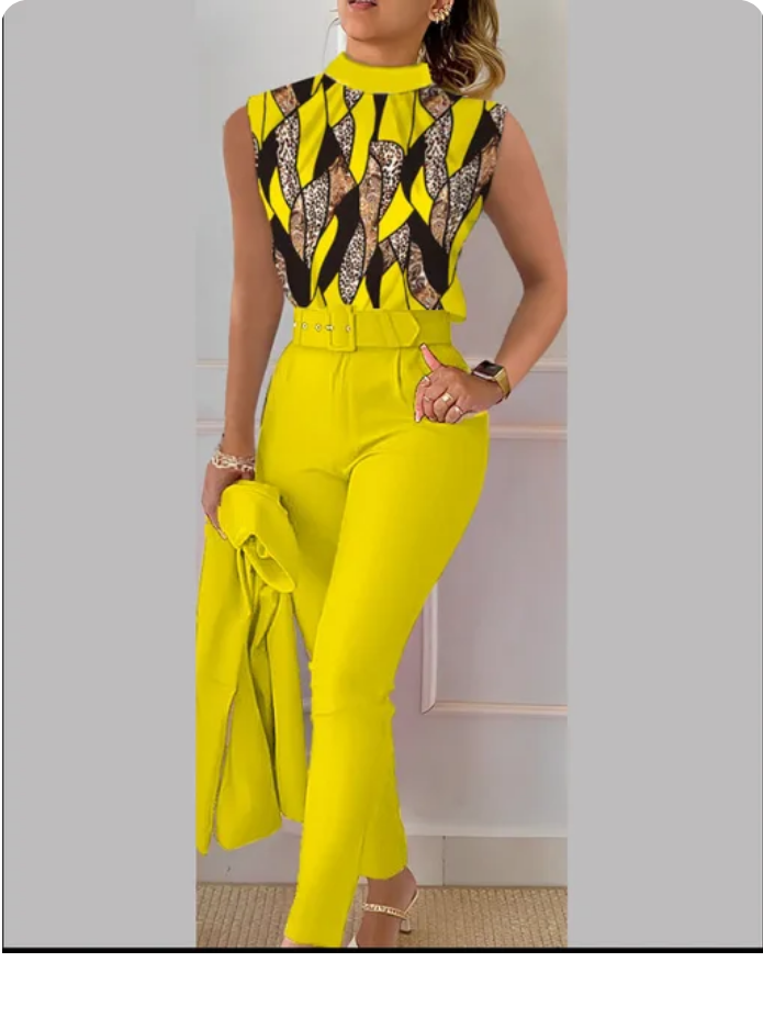 Fashion Printed Sleeveless Top  Pants Set With Belt