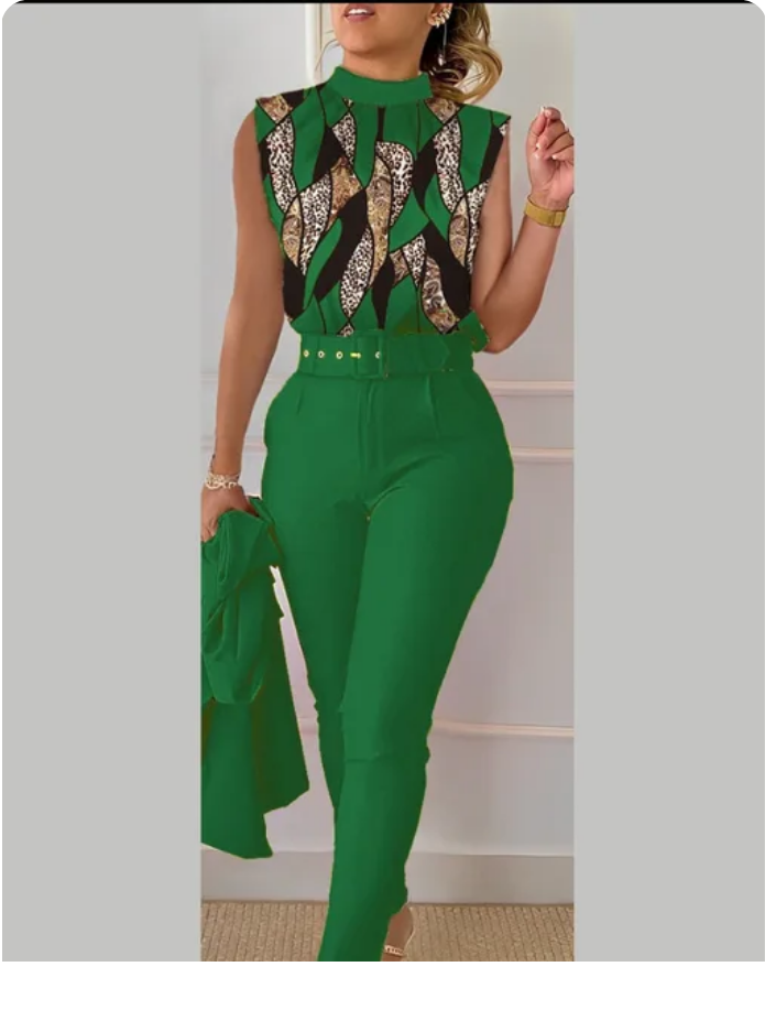 Fashion Printed Sleeveless Top  Pants Set With Belt