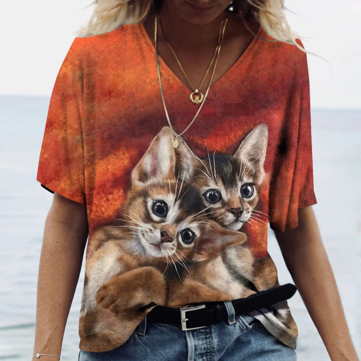 Oversized V-neck Cat Printed Short Sleeve Harajuku  T Shirt