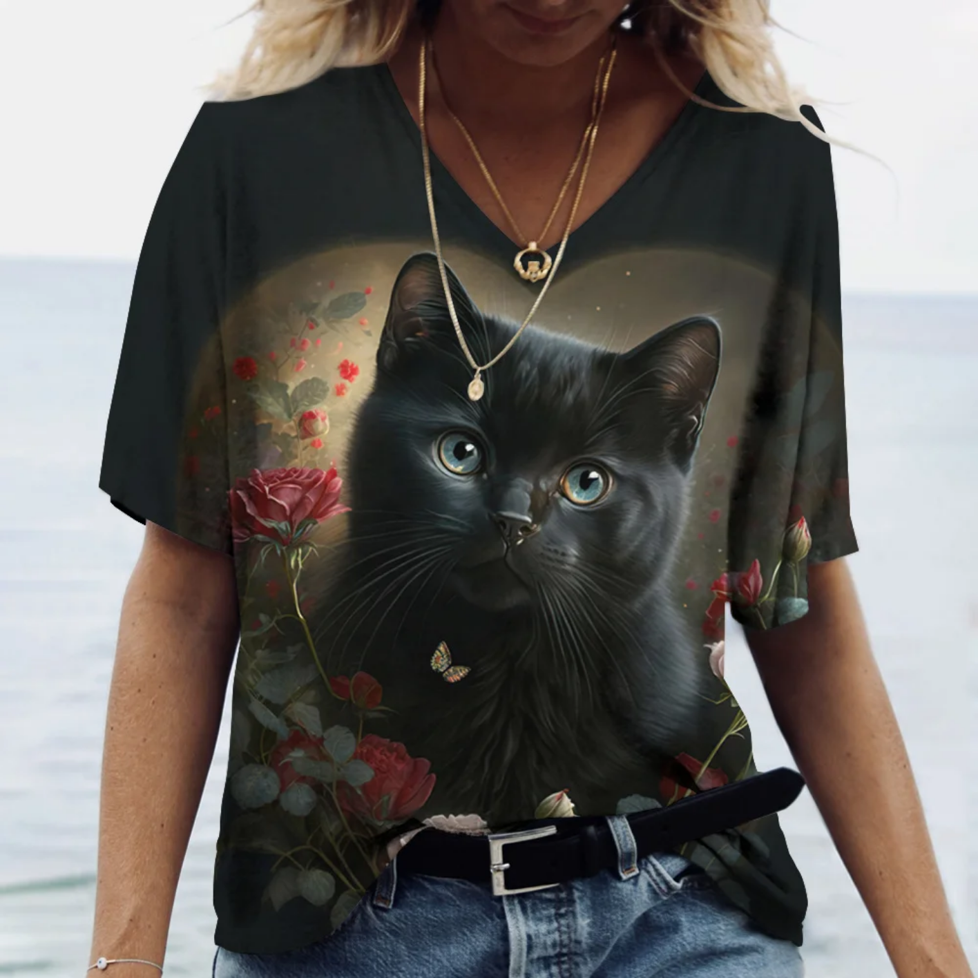 Oversized V-neck Cat Printed Short Sleeve Harajuku  T Shirt