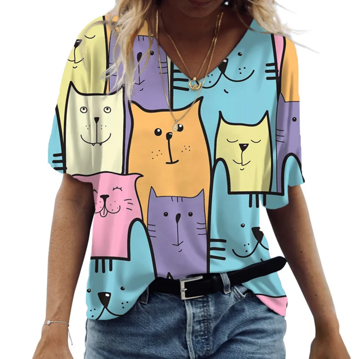 Oversized V-neck Cat Printed Short Sleeve Harajuku  T Shirt