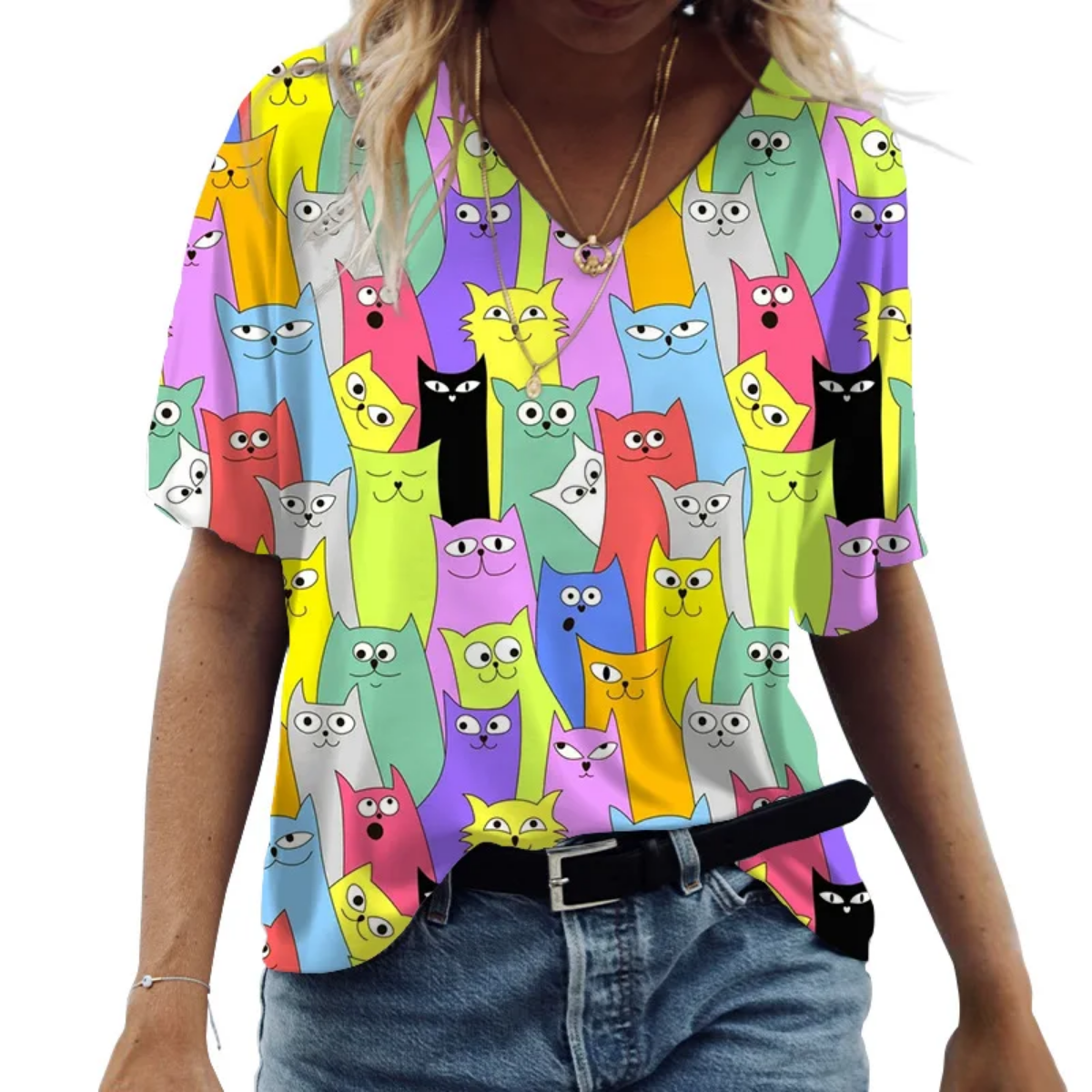 Oversized V-neck Cat Printed Short Sleeve Harajuku  T Shirt