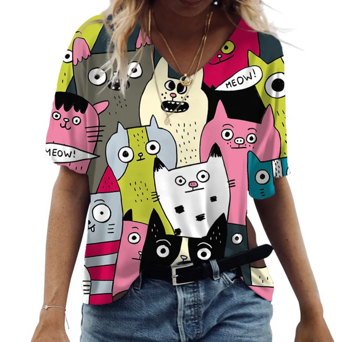 Oversized V-neck Cat Printed Short Sleeve Harajuku  T Shirt