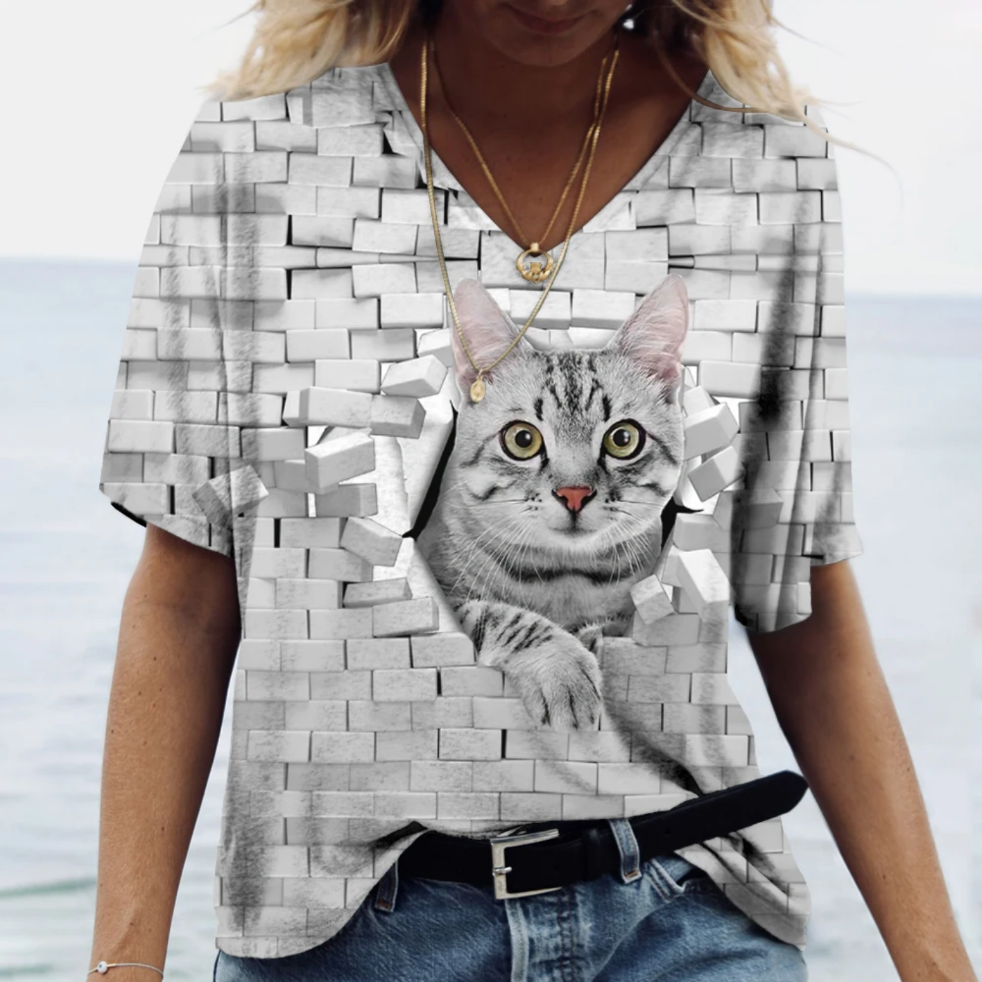 Oversized V-neck Cat Printed Short Sleeve Harajuku  T Shirt