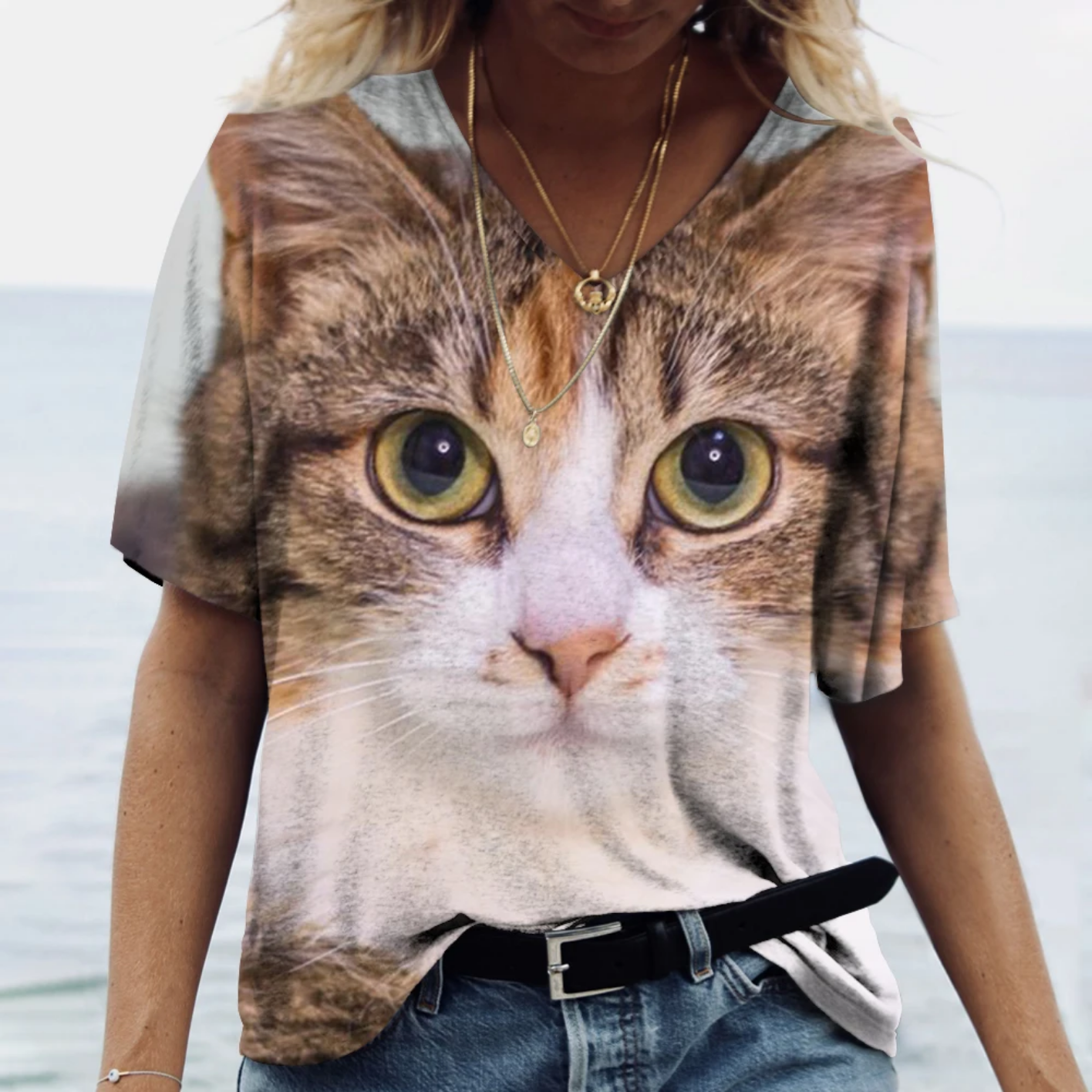 Oversized V-neck Cat Printed Short Sleeve Harajuku  T Shirt