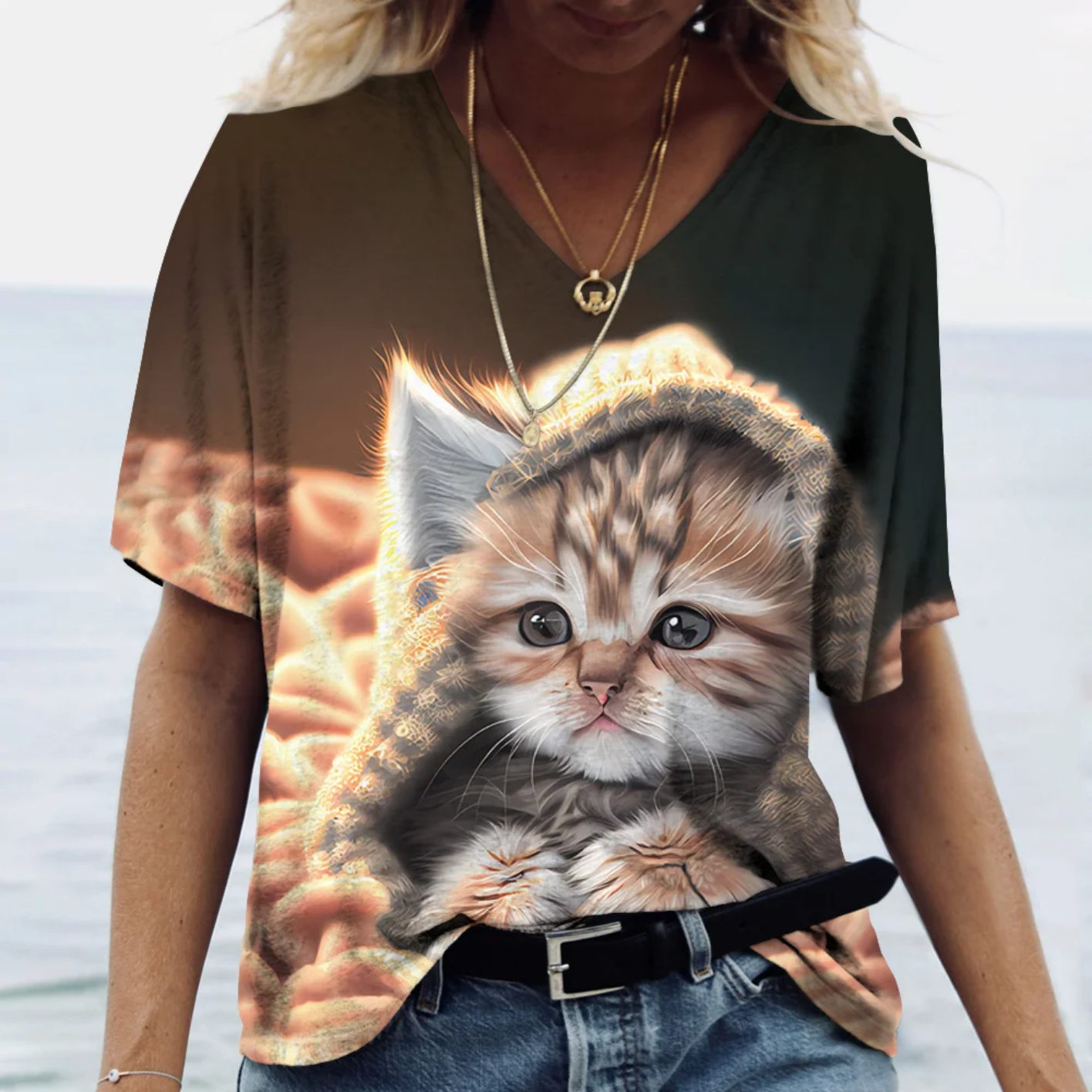 Oversized V-neck Cat Printed Short Sleeve Harajuku  T Shirt