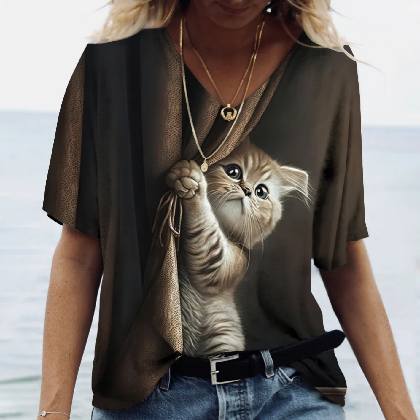 Oversized V-neck Cat Printed Short Sleeve Harajuku  T Shirt