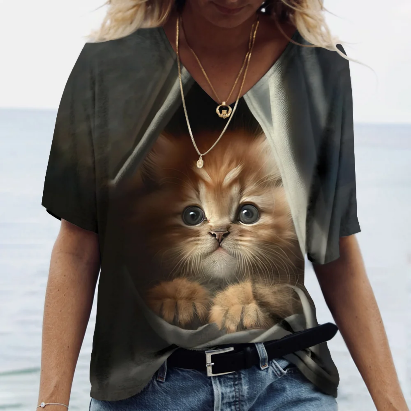 Oversized V-neck Cat Printed Short Sleeve Harajuku  T Shirt