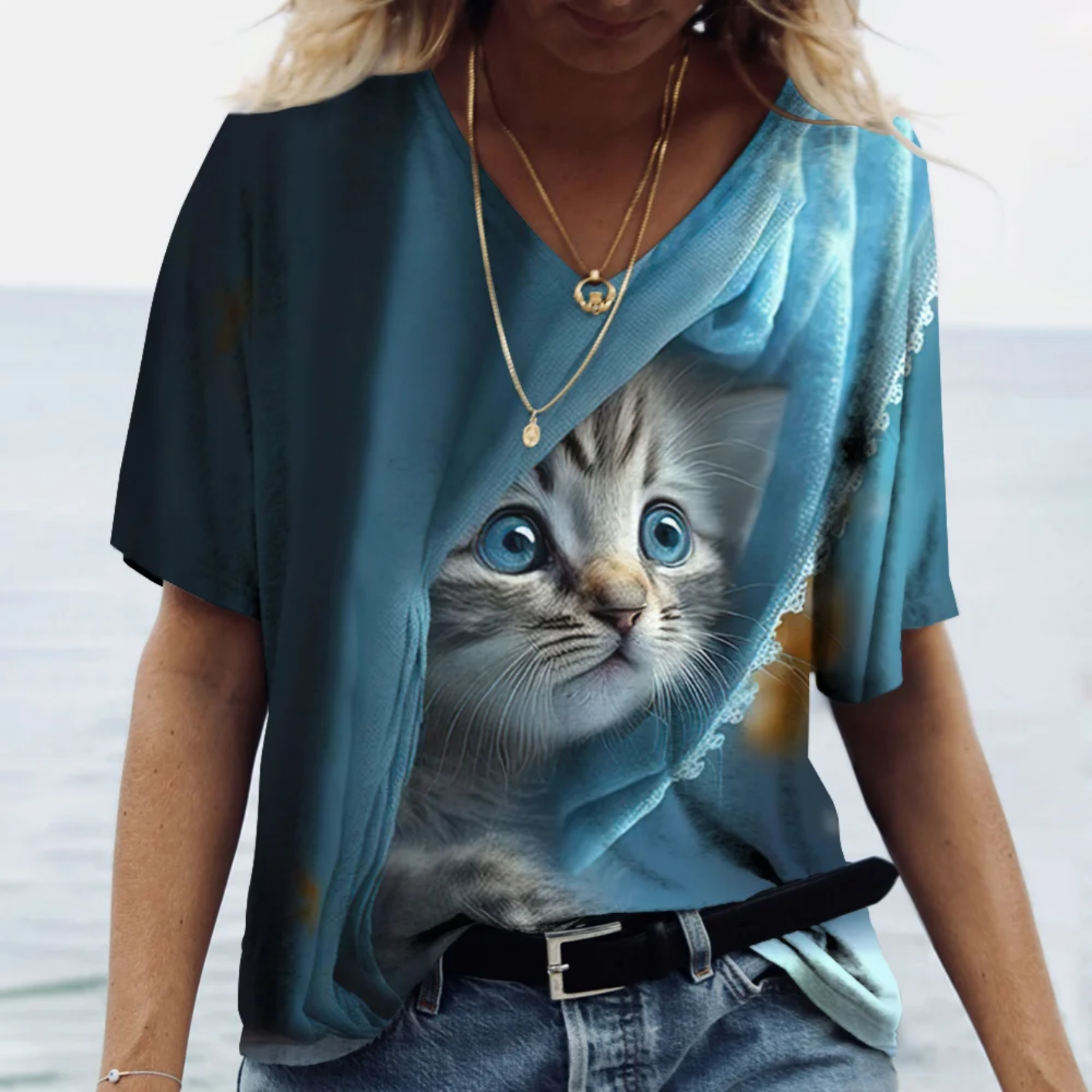 Oversized V-neck Cat Printed Short Sleeve Harajuku  T Shirt