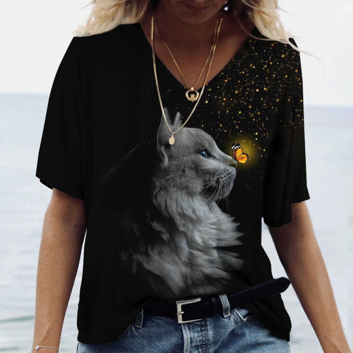 Oversized V-neck Cat Printed Short Sleeve Harajuku  T Shirt