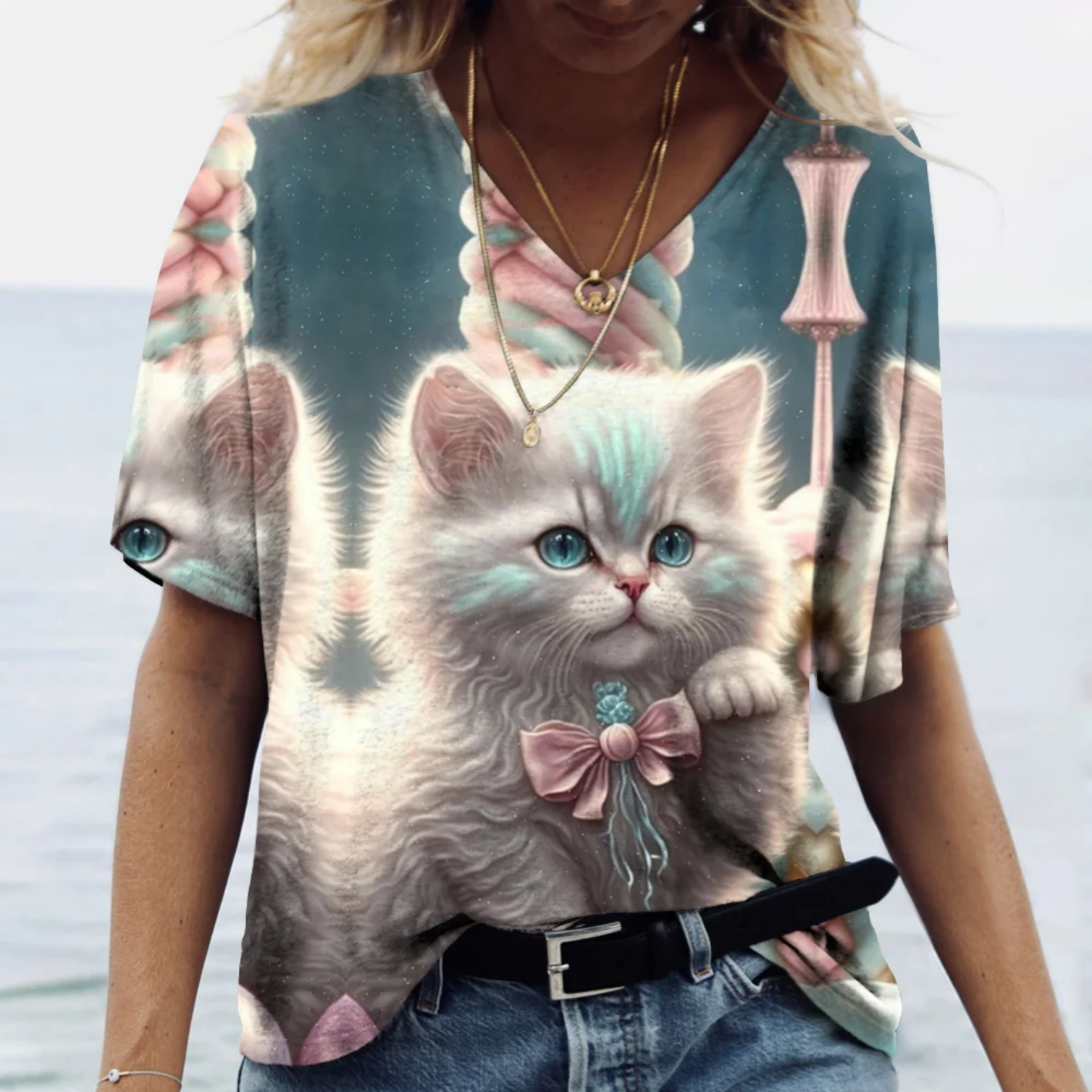 Oversized V-neck Cat Printed Short Sleeve Harajuku  T Shirt