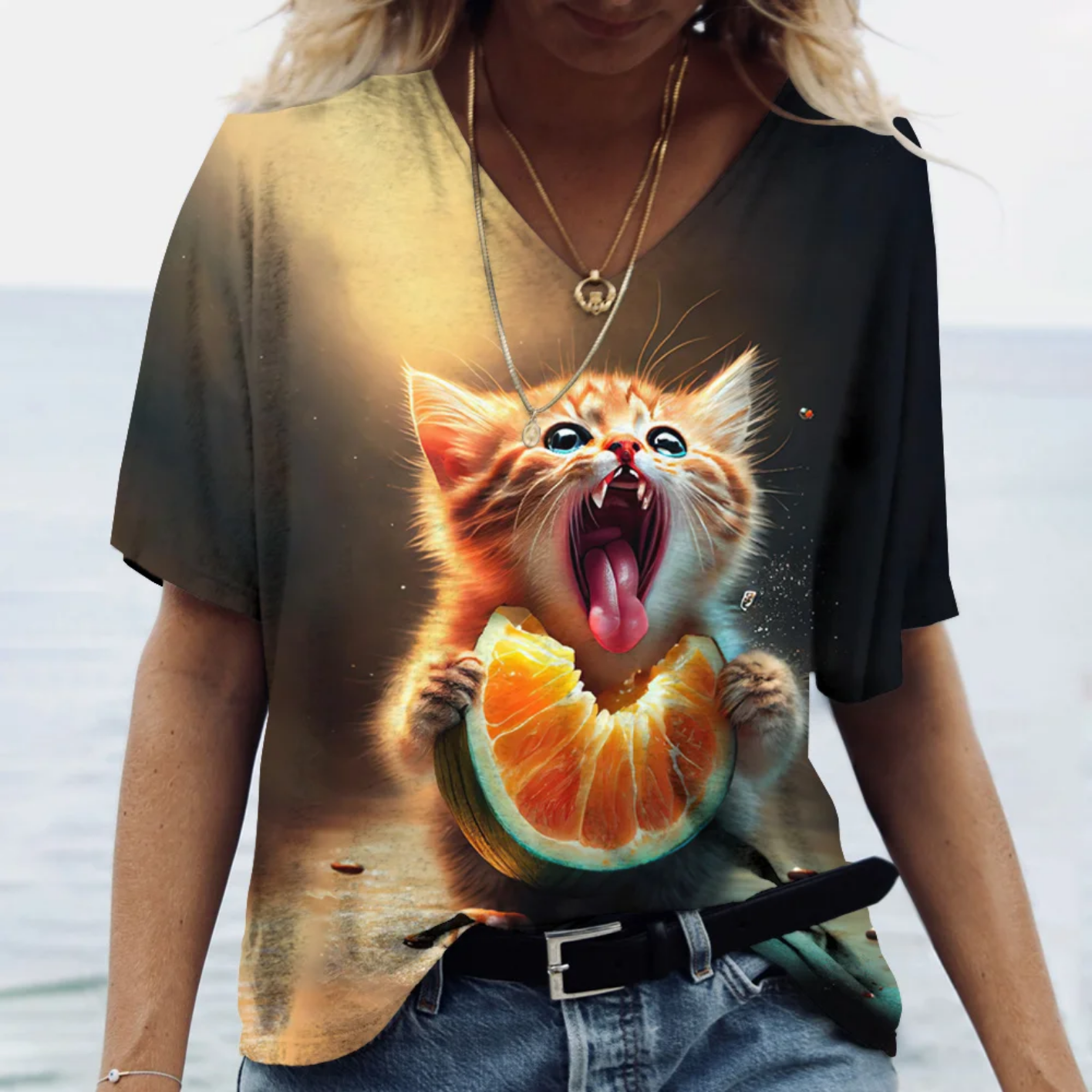 Oversized V-neck Cat Printed Short Sleeve Harajuku  T Shirt