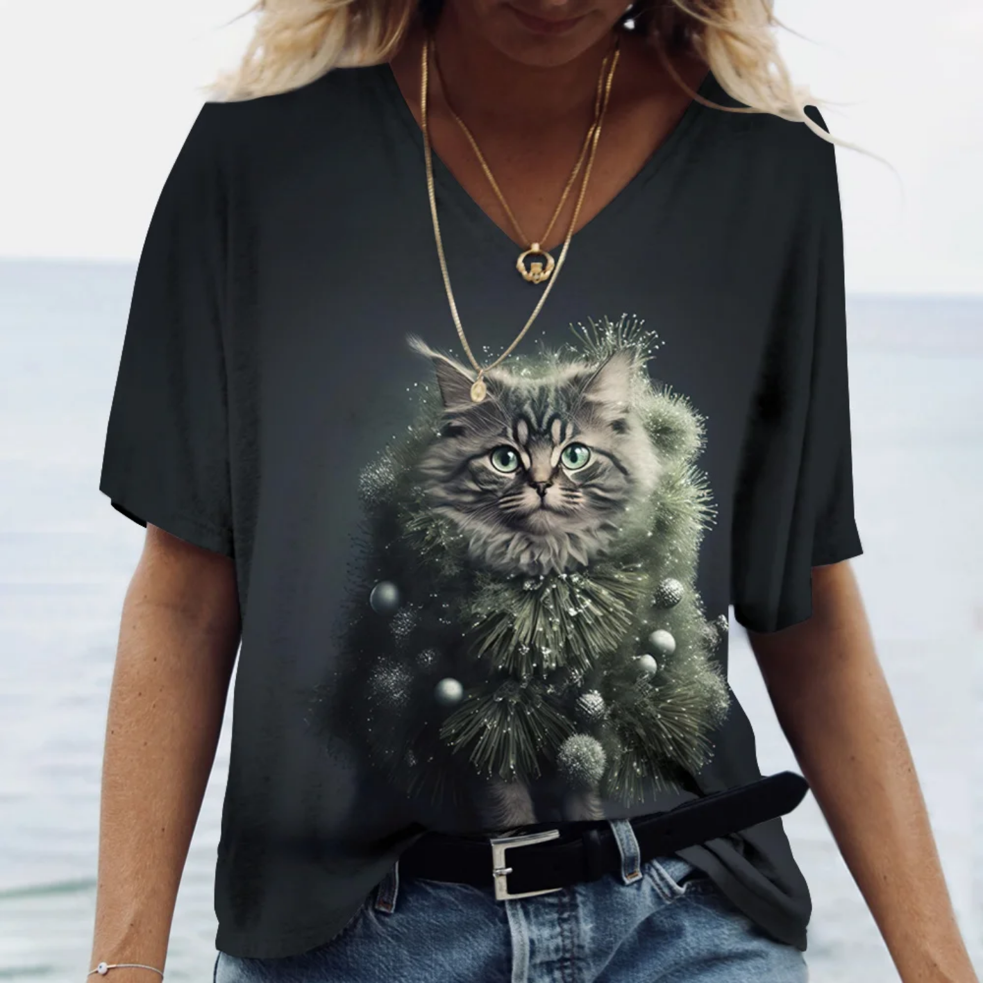 Oversized V-neck Cat Printed Short Sleeve Harajuku  T Shirt