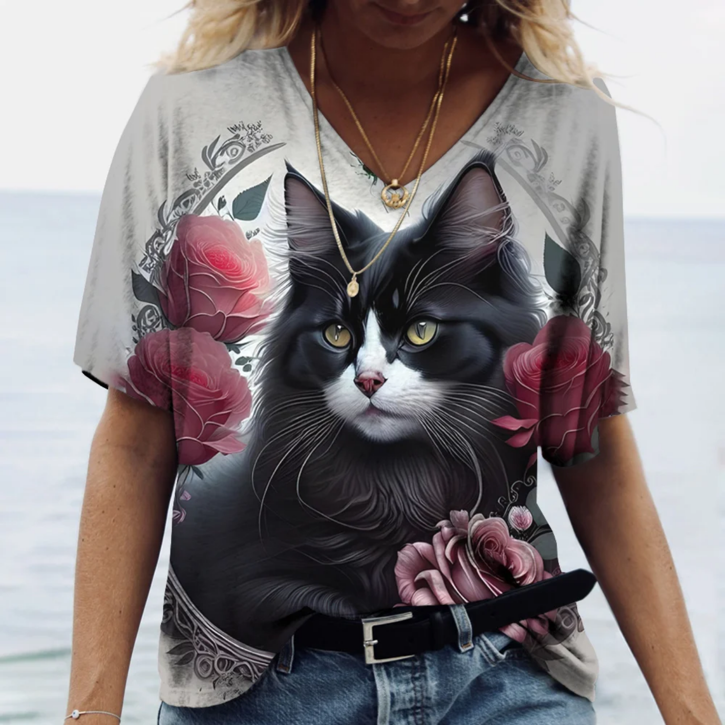 Oversized V-neck Cat Printed Short Sleeve Harajuku  T Shirt