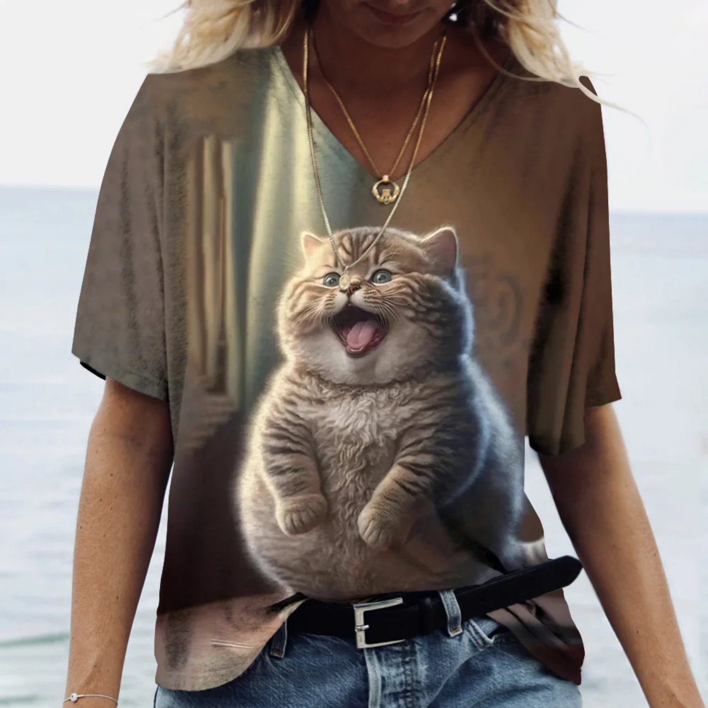 Oversized V-neck Cat Printed Short Sleeve Harajuku  T Shirt