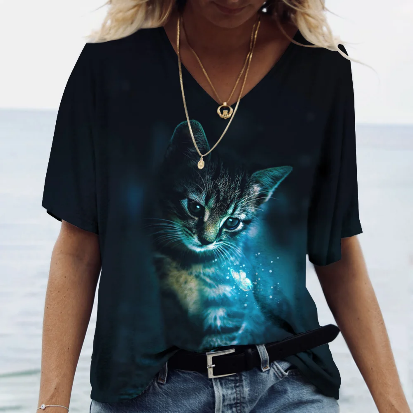 Oversized V-neck Cat Printed Short Sleeve Harajuku  T Shirt