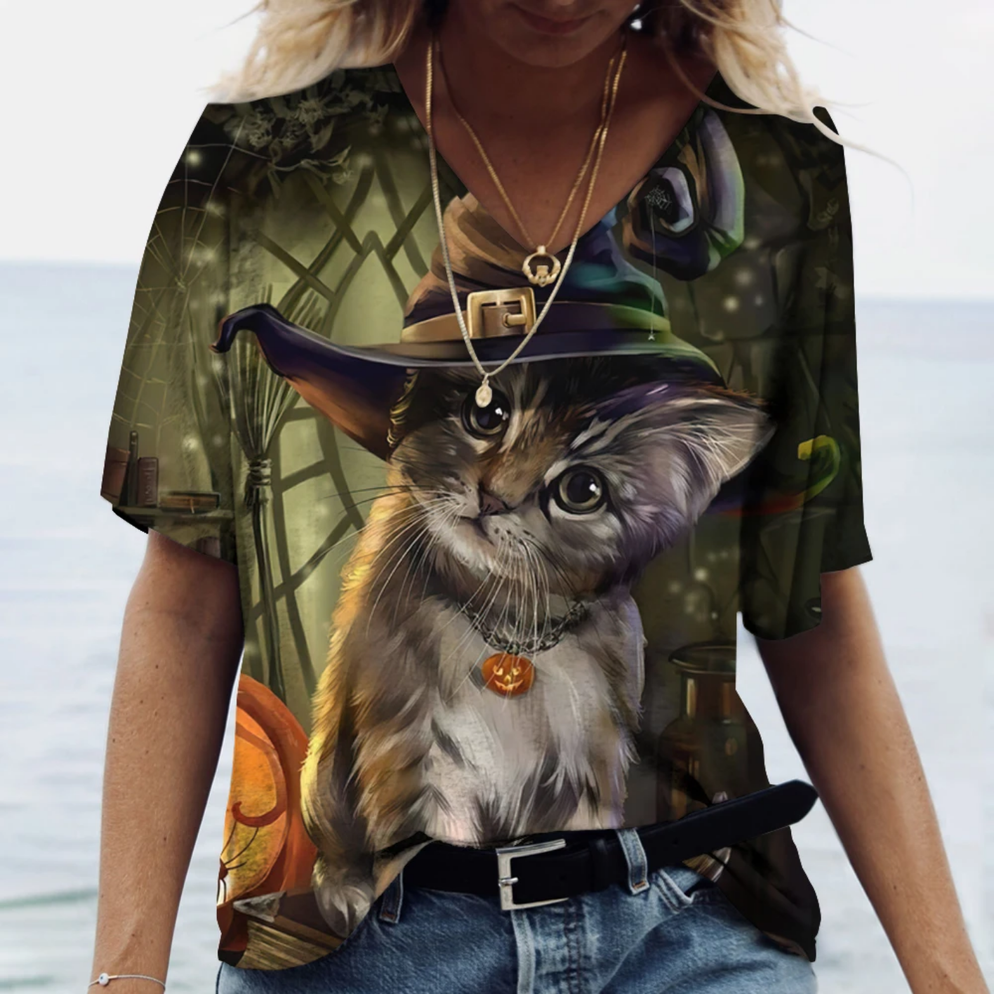 Oversized V-neck Cat Printed Short Sleeve Harajuku  T Shirt