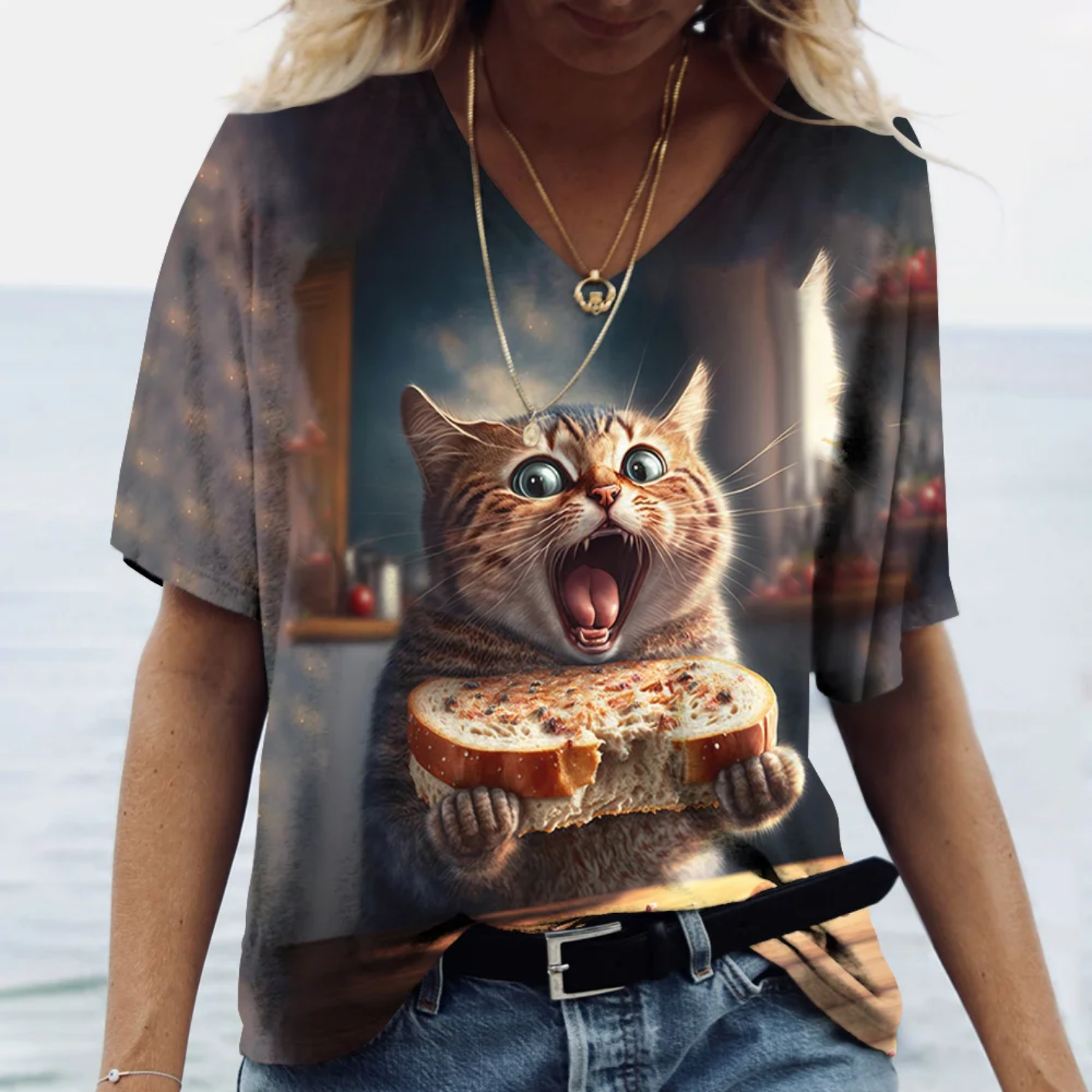 Oversized V-neck Cat Printed Short Sleeve Harajuku  T Shirt