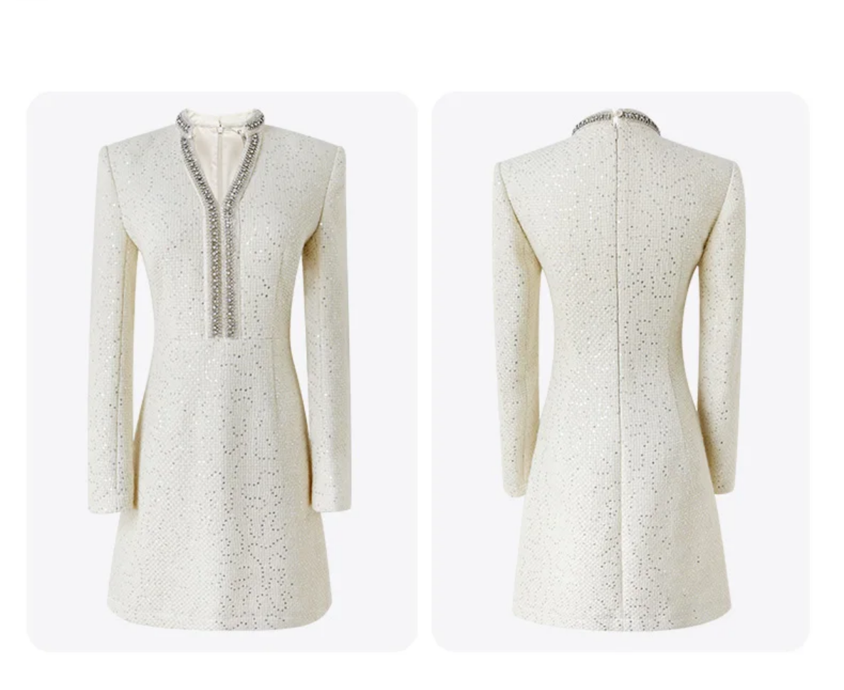 Sequined V-neck Long Sleeve High-End Custom Tweed Dress