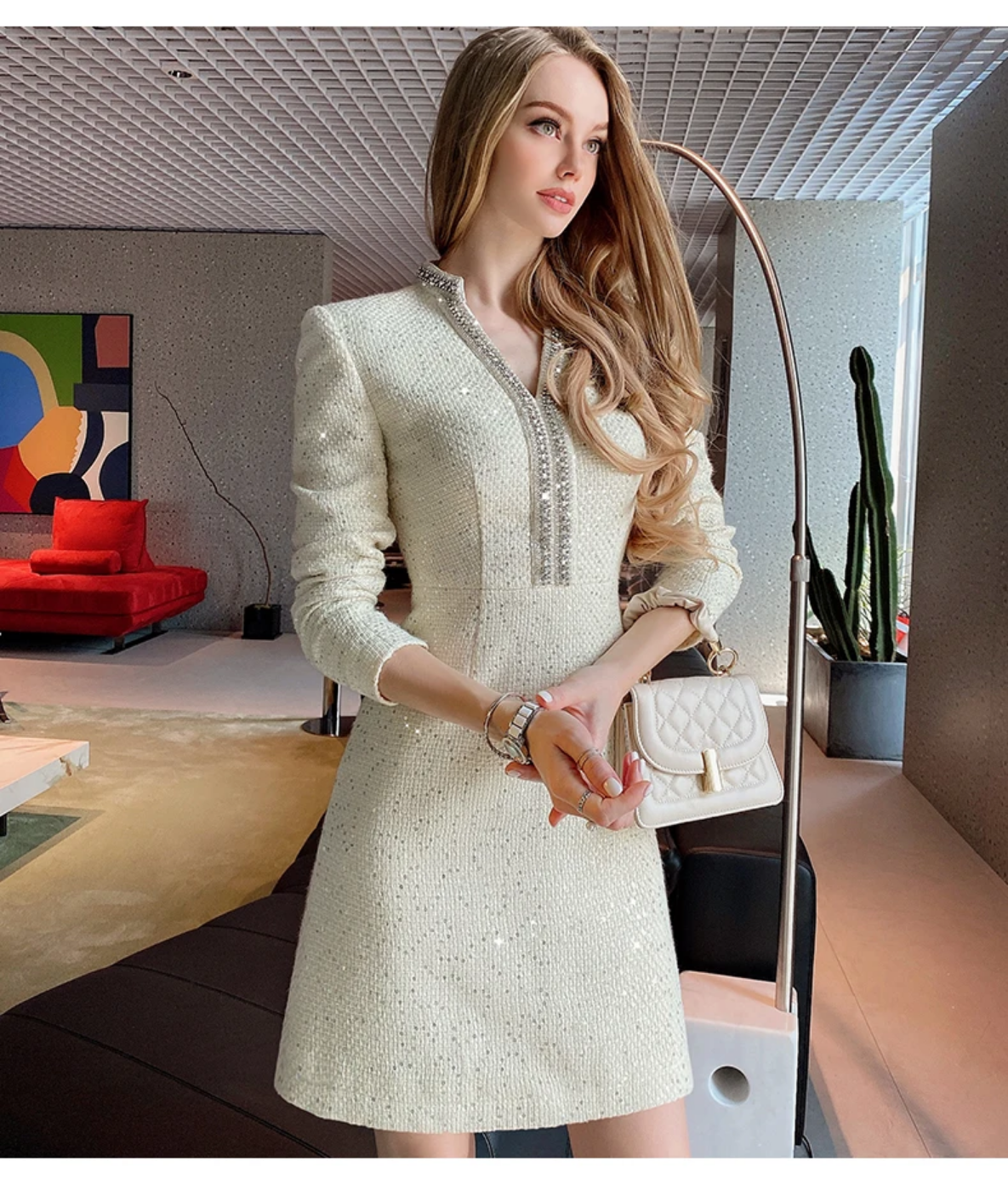 Sequined V-neck Long Sleeve High-End Custom Tweed Dress