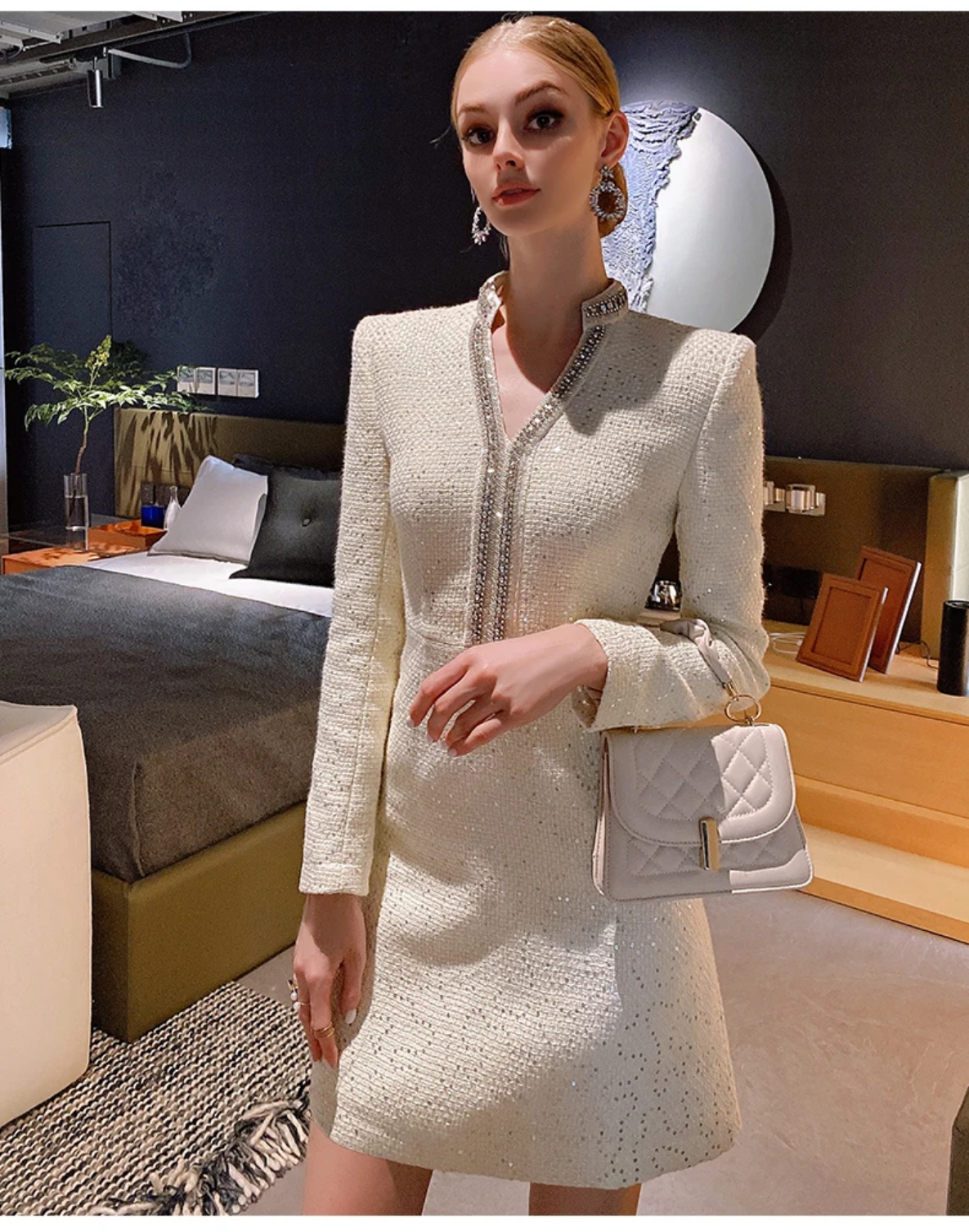 Sequined V-neck Long Sleeve High-End Custom Tweed Dress