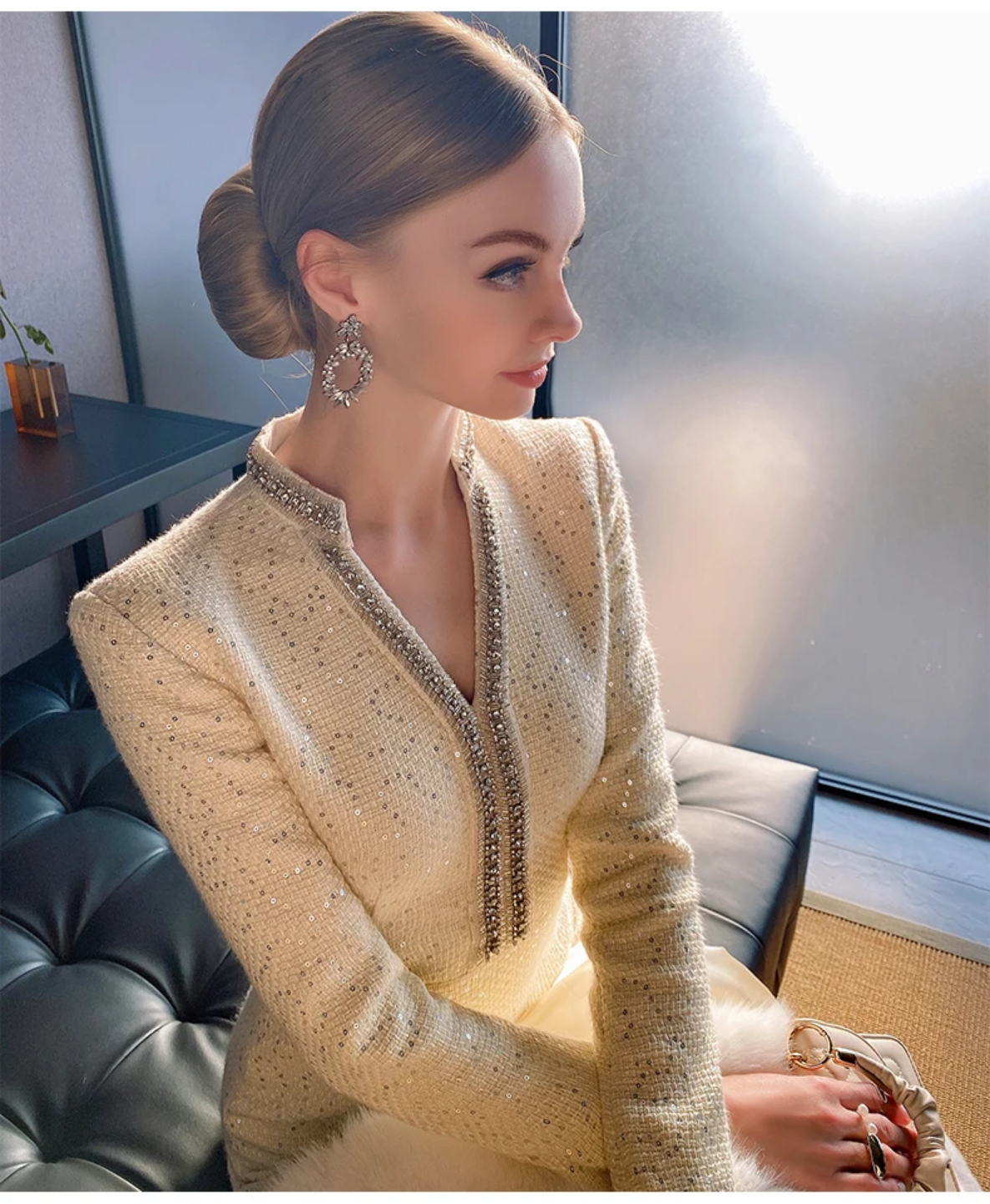 Sequined V-neck Long Sleeve High-End Custom Tweed Dress