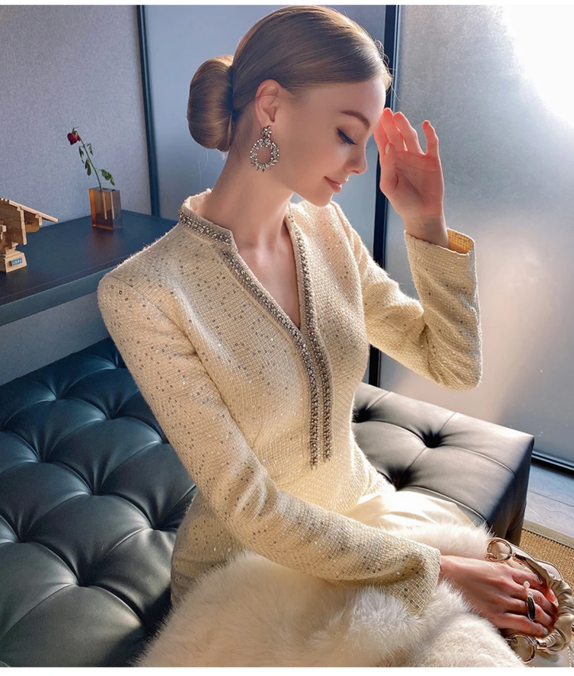 Sequined V-neck Long Sleeve High-End Custom Tweed Dress