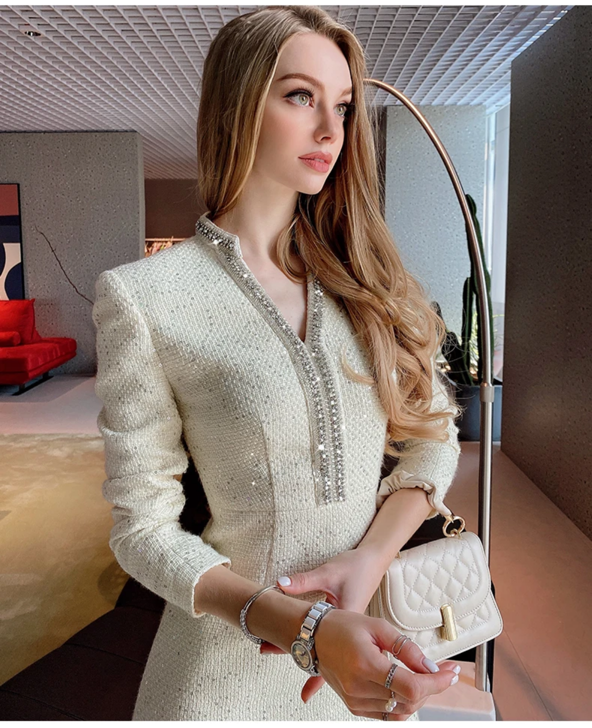 Sequined V-neck Long Sleeve High-End Custom Tweed Dress