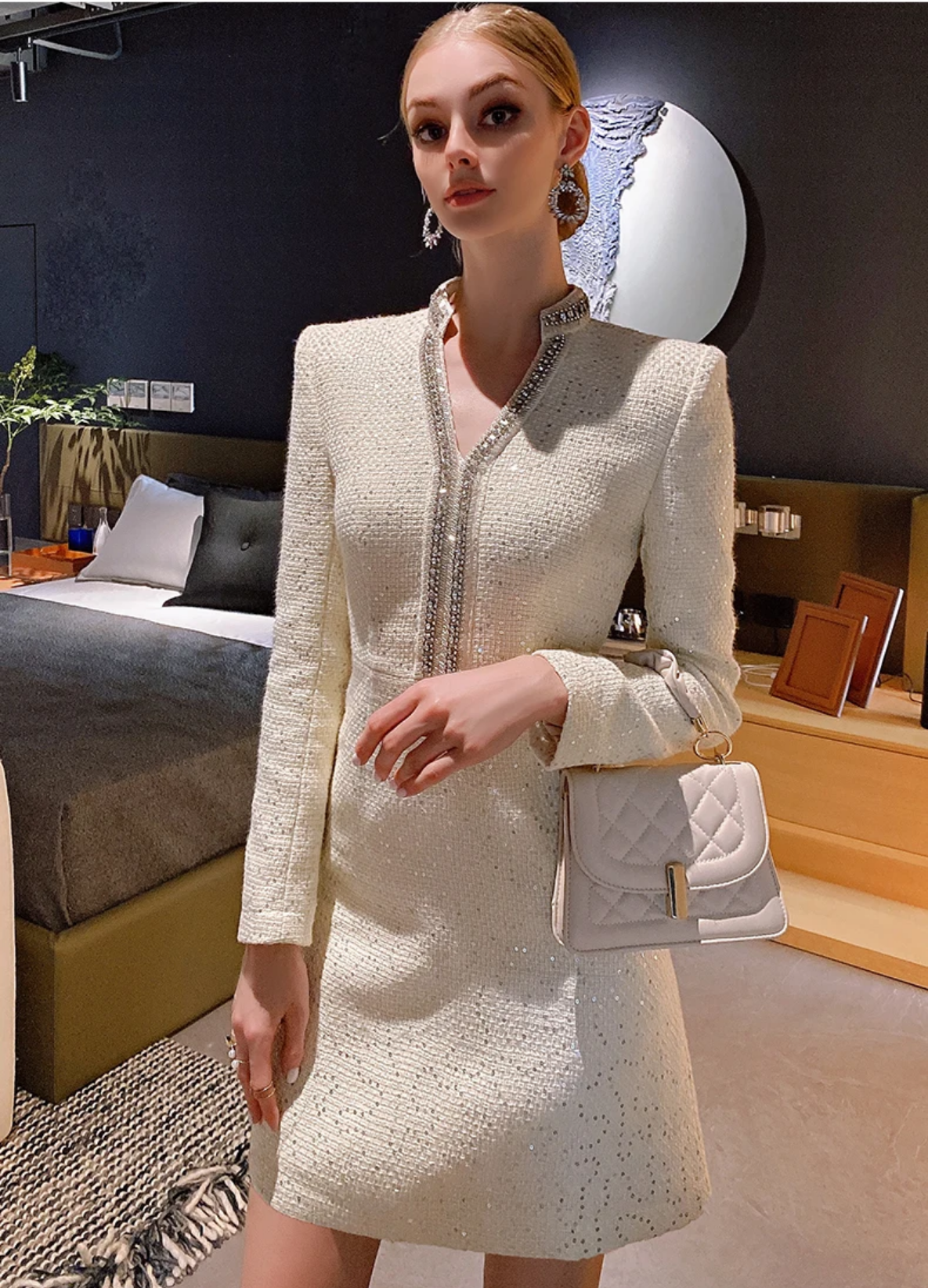 Sequined V-neck Long Sleeve High-End Custom Tweed Dress