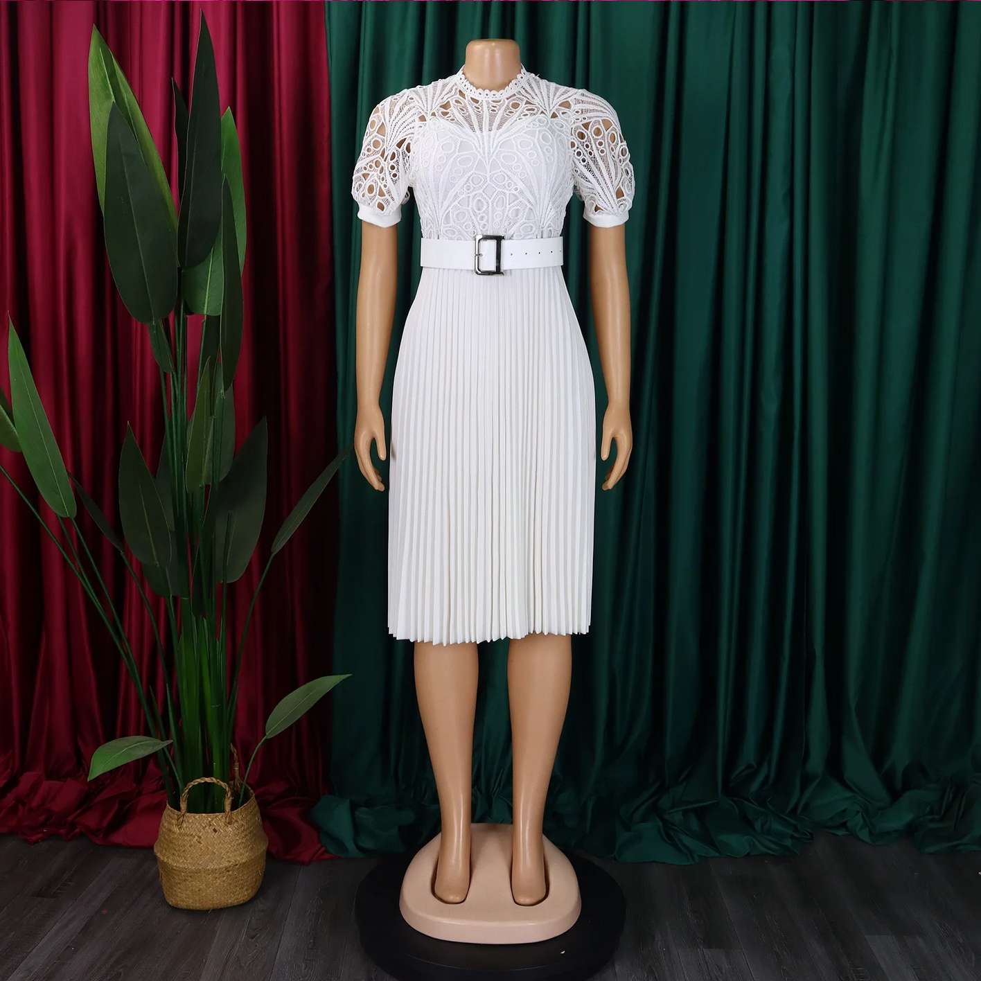 2024 New O Neck Short Sleeve Belt Waisted Pleated Mid Calf Dress