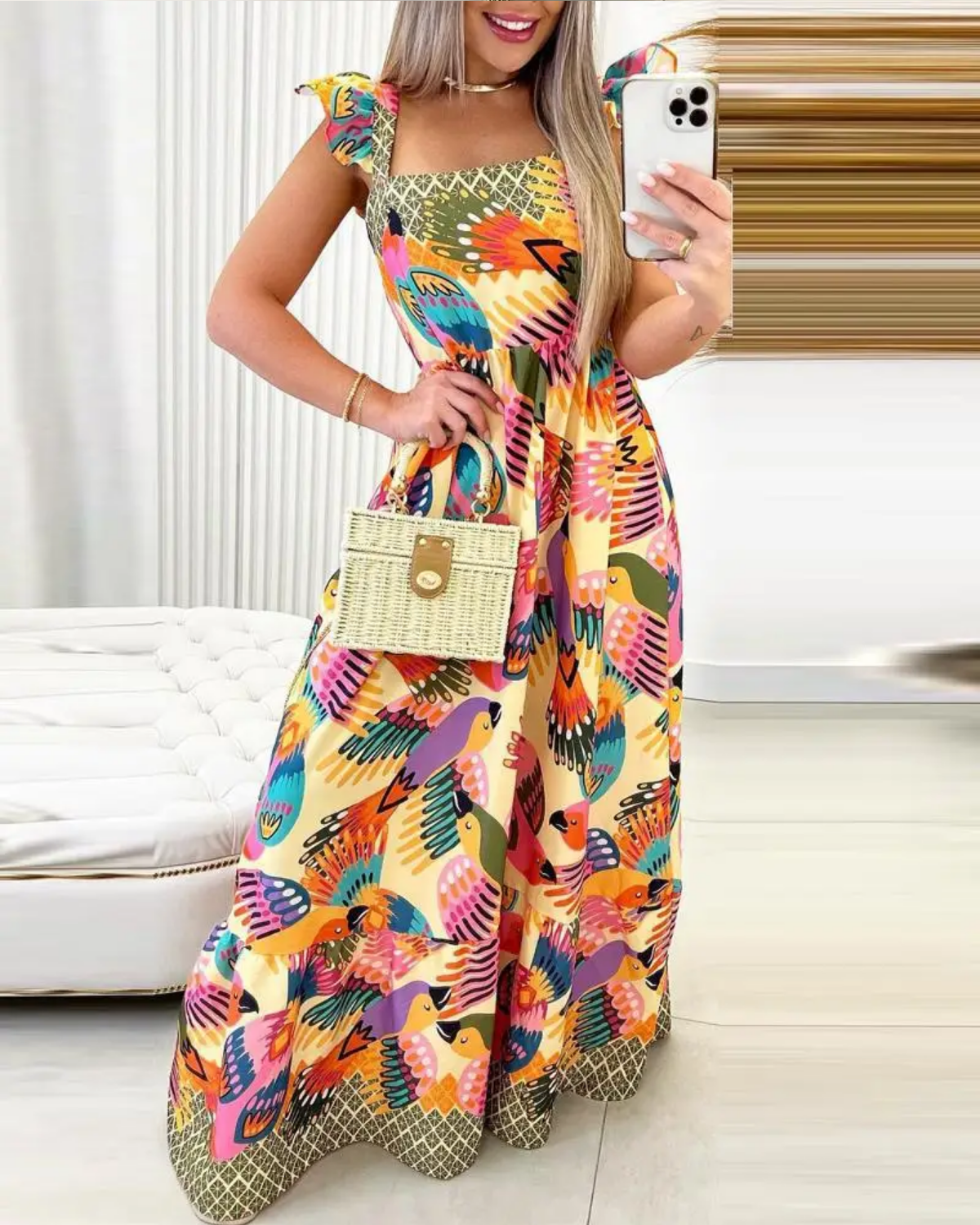 Bird Print Sleeveless Square Neck Maxi Dress