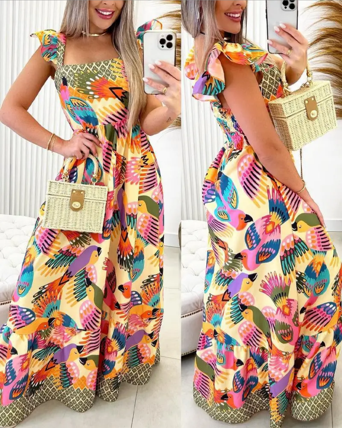 Bird Print Sleeveless Square Neck Maxi Dress