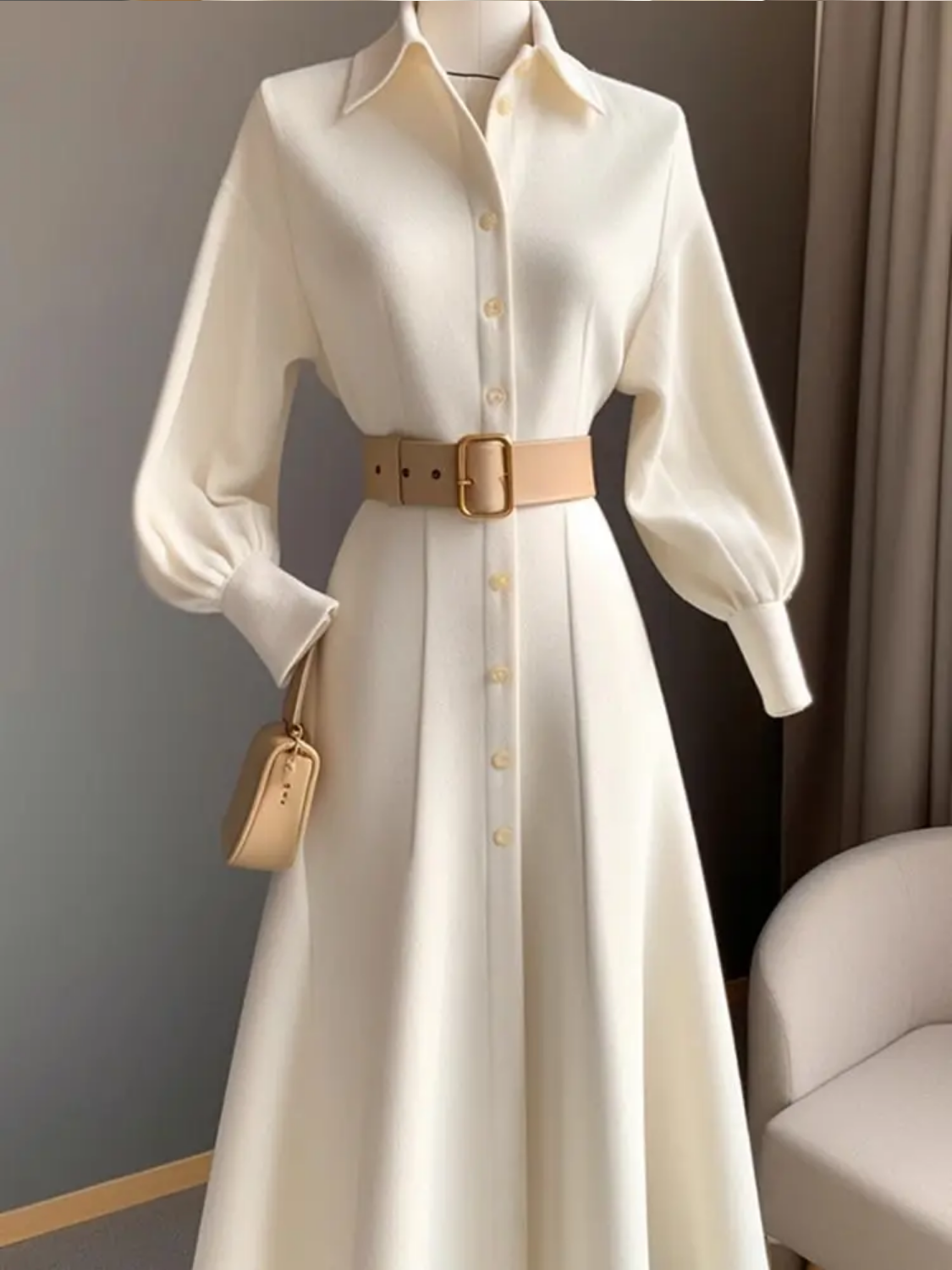 Spring and Autumn French Long Skirt Polo Collar Long Sleeved White Dress