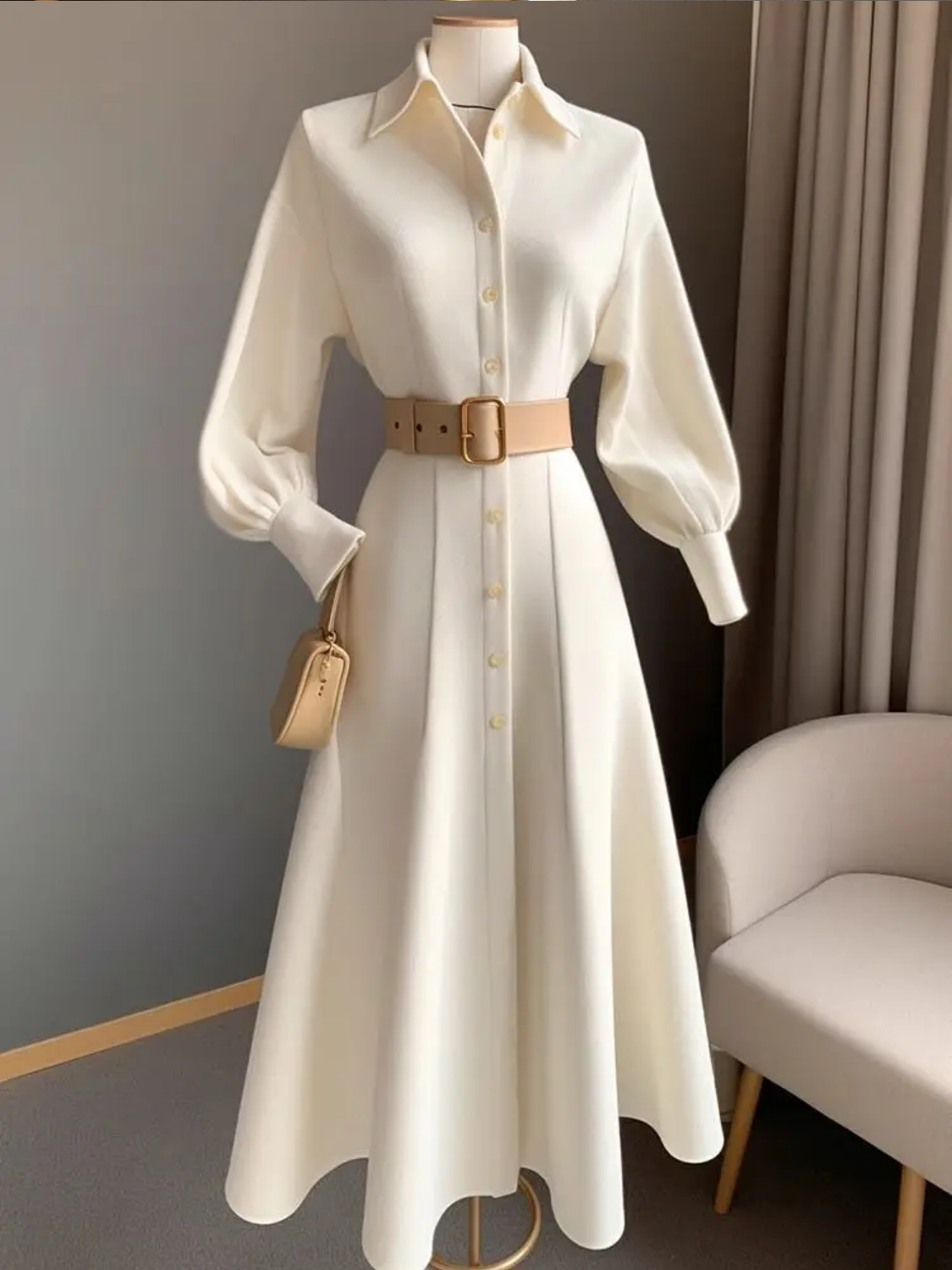 Spring and Autumn French Long Skirt Polo Collar Long Sleeved White Dress