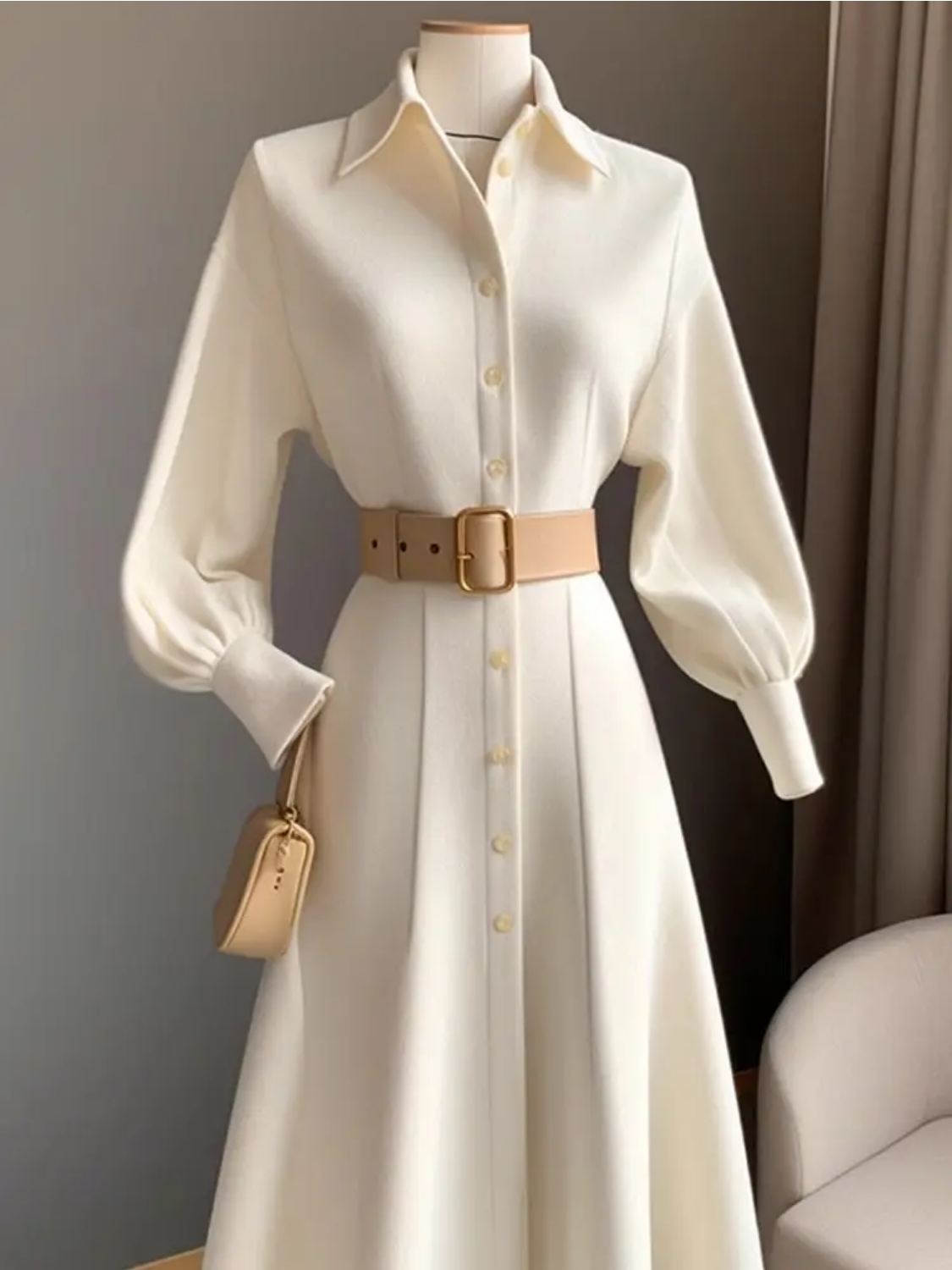 Spring and Autumn French Long Skirt Polo Collar Long Sleeved White Dress