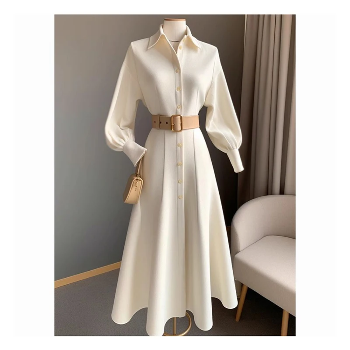 Spring and Autumn French Long Skirt Polo Collar Long Sleeved White Dress