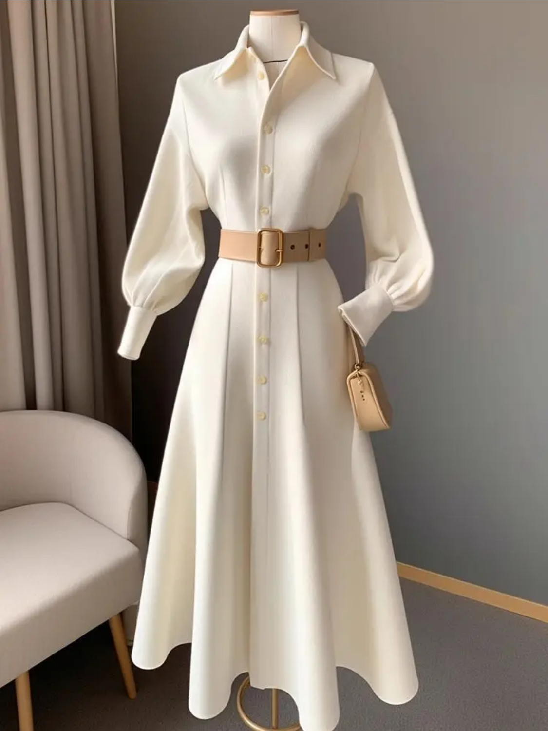 Spring and Autumn French Long Skirt Polo Collar Long Sleeved White Dress