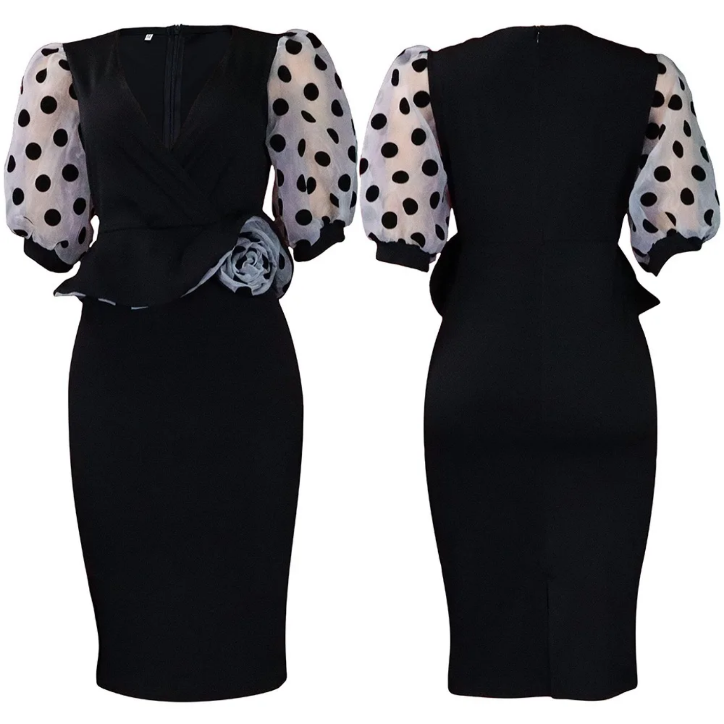 V Neck Half Sleeve Polka Dot Sheath Mid Calf Professional Business Dress