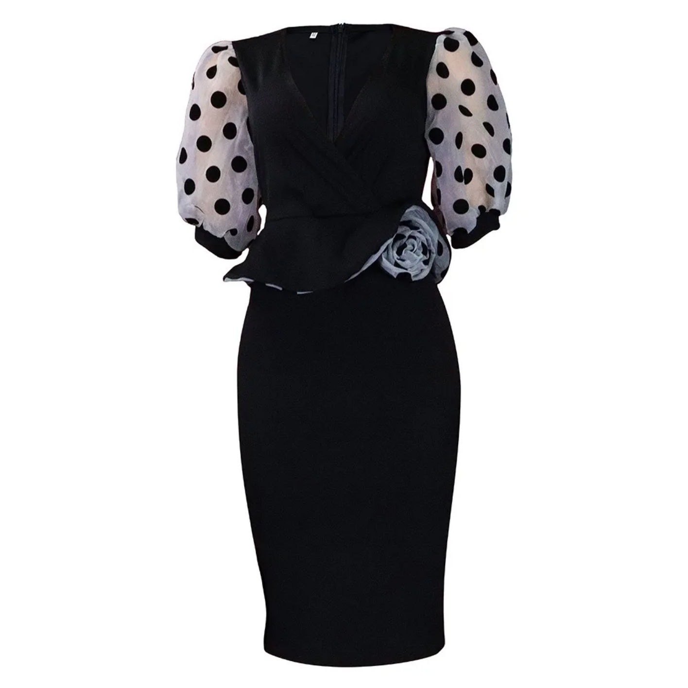 V Neck Half Sleeve Polka Dot Sheath Mid Calf Professional Business Dress