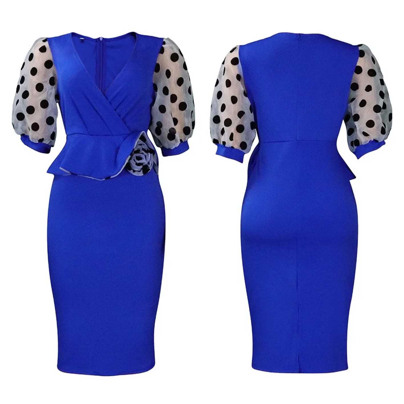 V Neck Half Sleeve Polka Dot Sheath Mid Calf Professional Business Dress