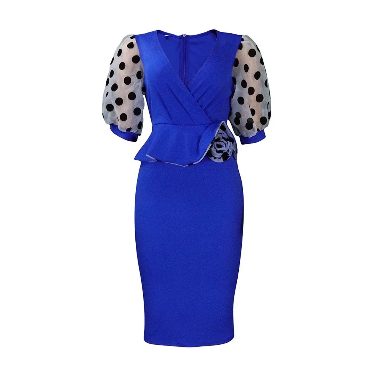 V Neck Half Sleeve Polka Dot Sheath Mid Calf Professional Business Dress