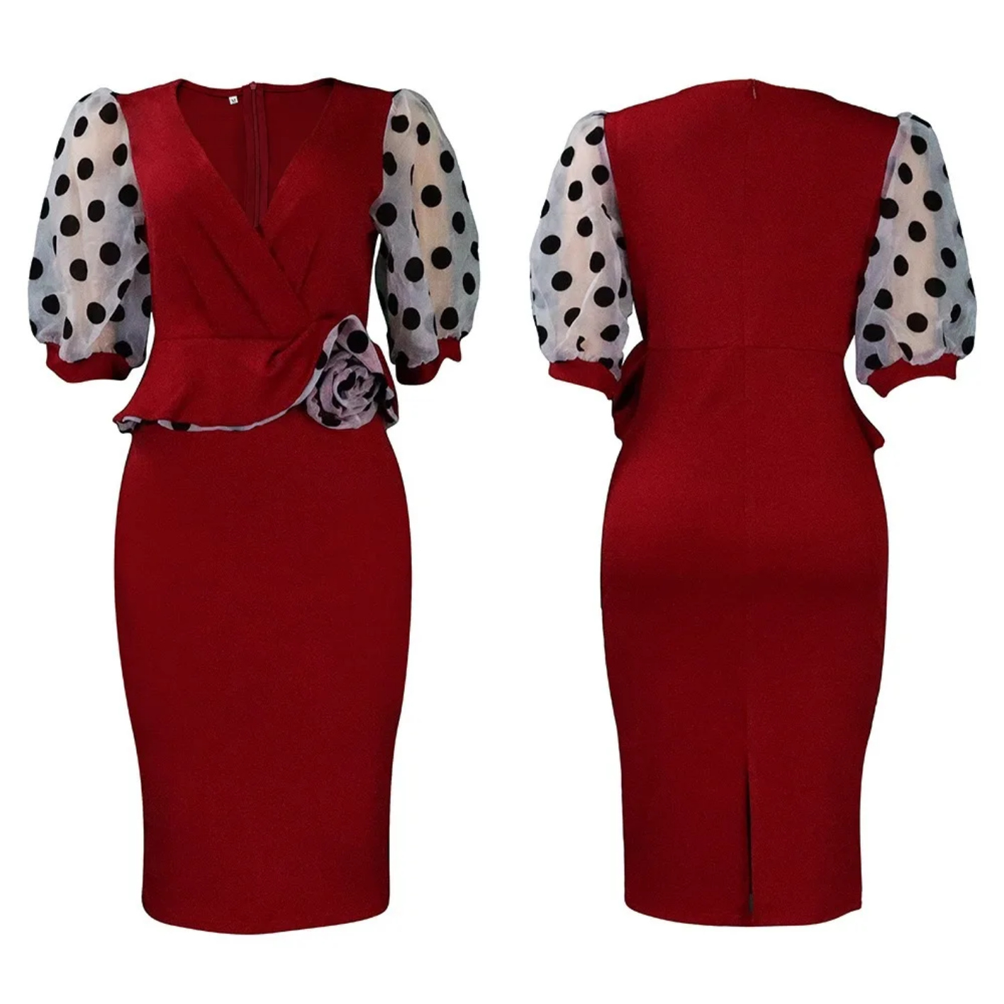 V Neck Half Sleeve Polka Dot Sheath Mid Calf Professional Business Dress