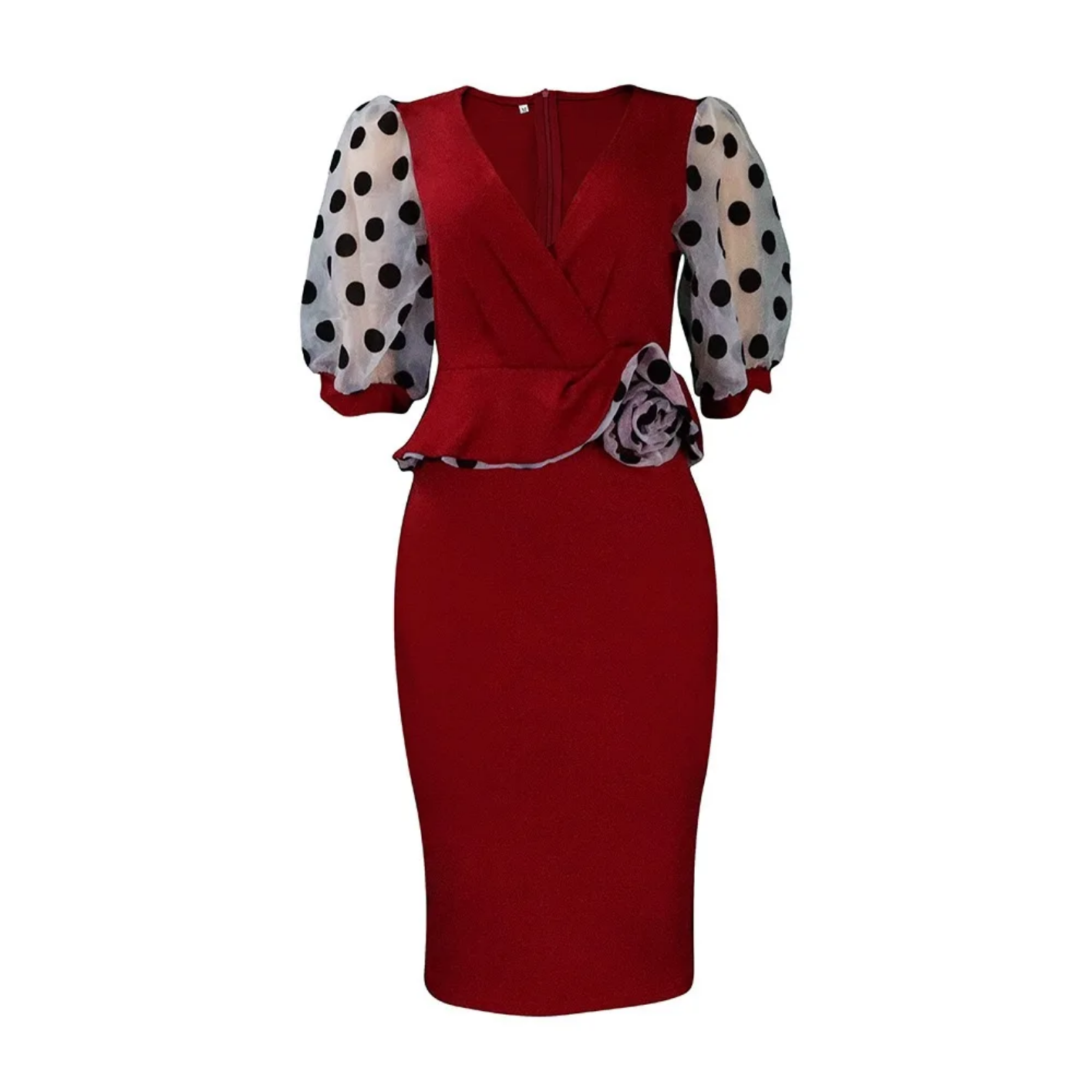 V Neck Half Sleeve Polka Dot Sheath Mid Calf Professional Business Dress