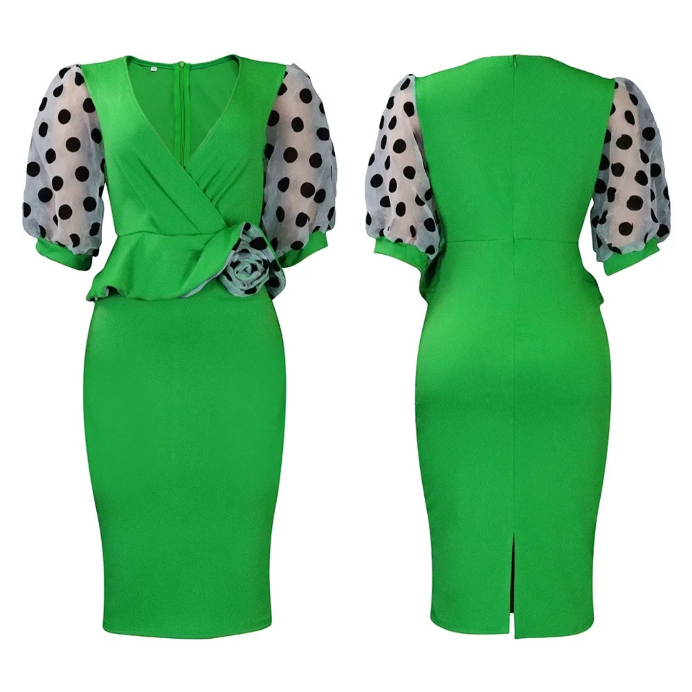 V Neck Half Sleeve Polka Dot Sheath Mid Calf Professional Business Dress