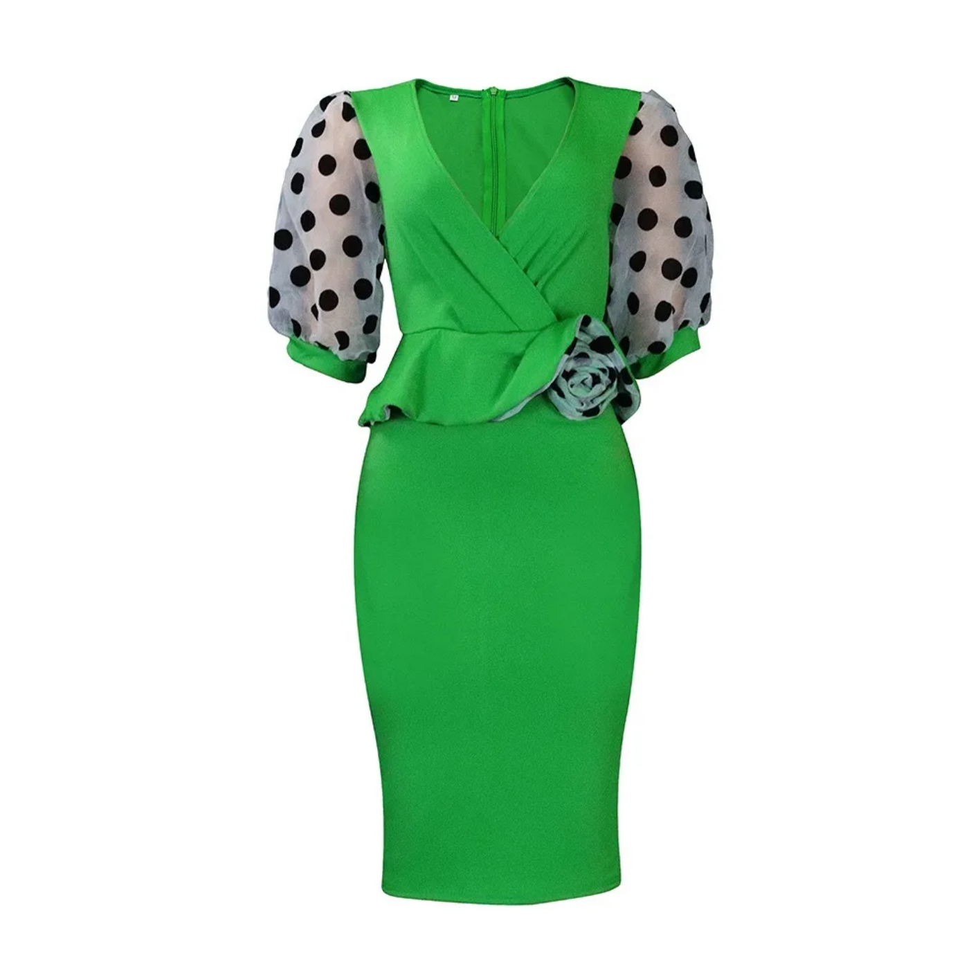 V Neck Half Sleeve Polka Dot Sheath Mid Calf Professional Business Dress