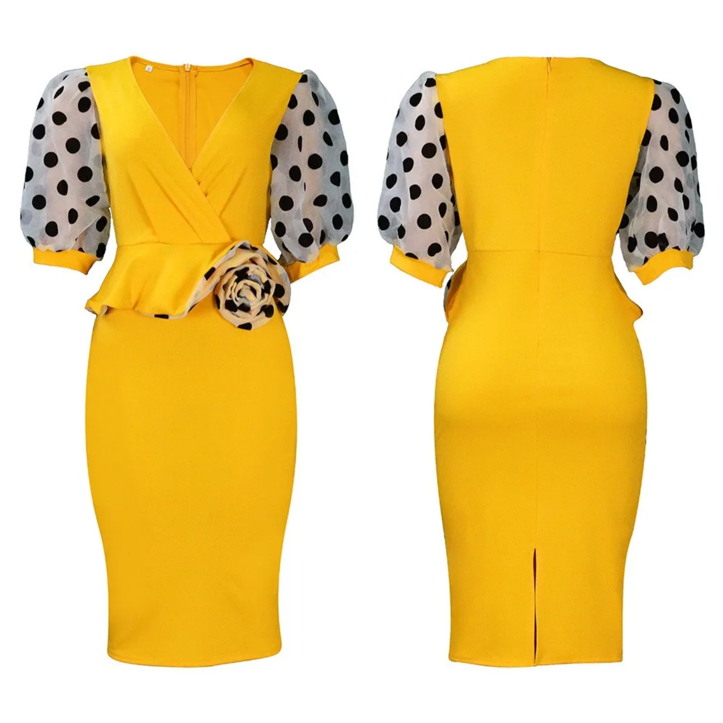 V Neck Half Sleeve Polka Dot Sheath Mid Calf Professional Business Dress