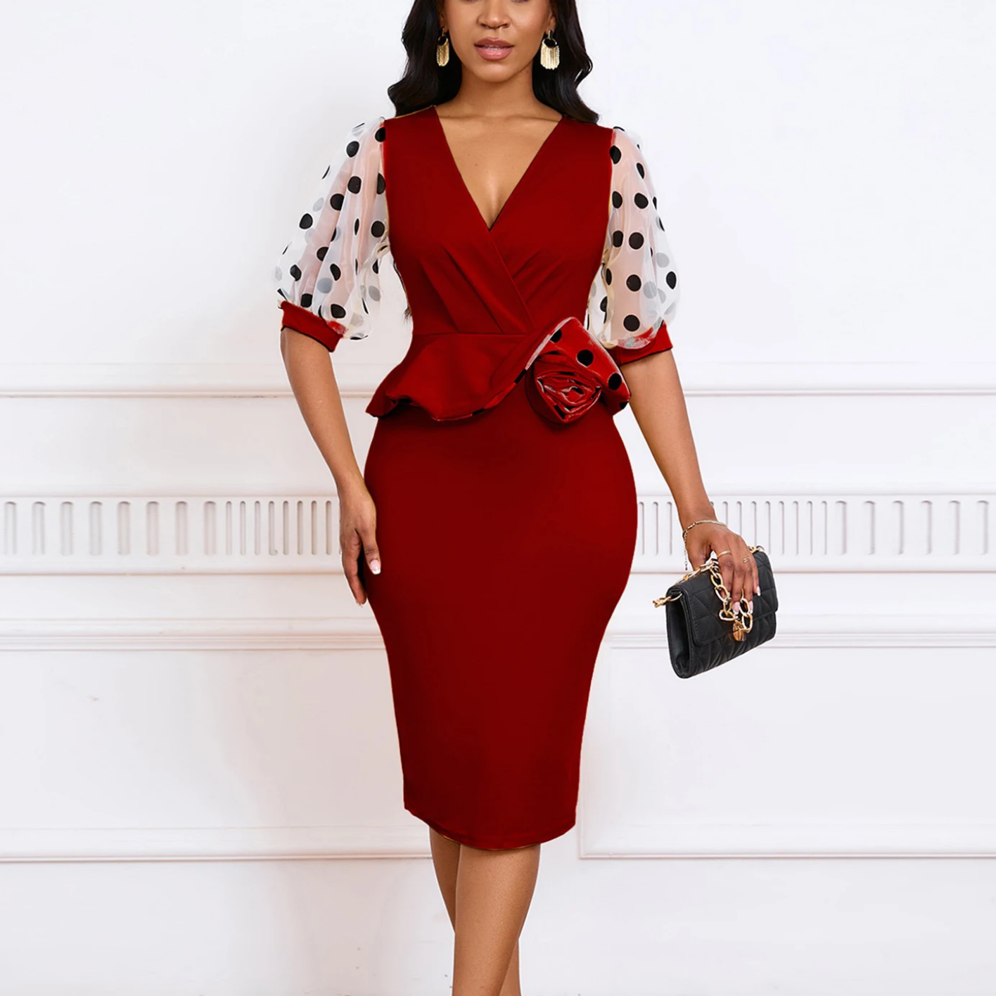 V Neck Half Sleeve Polka Dot Sheath Mid Calf Professional Business Dress